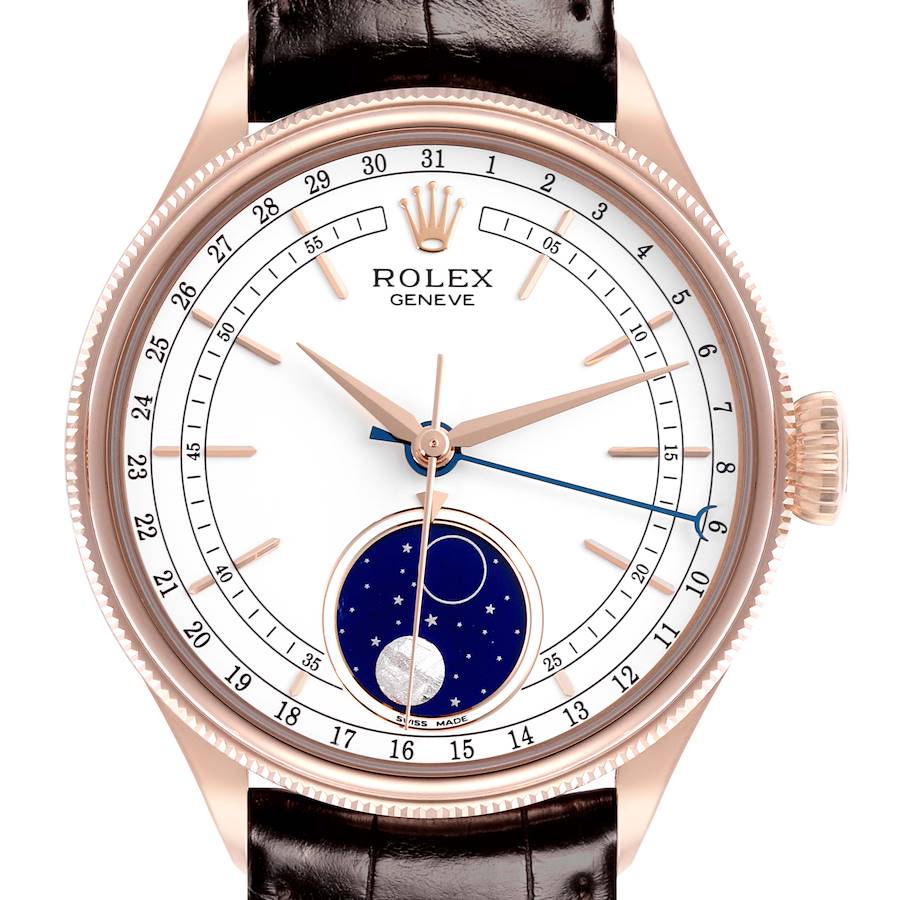 The Rolex Cellini watch is shown from the front, featuring the dial, hands, moonphase display, and part of the leather strap.