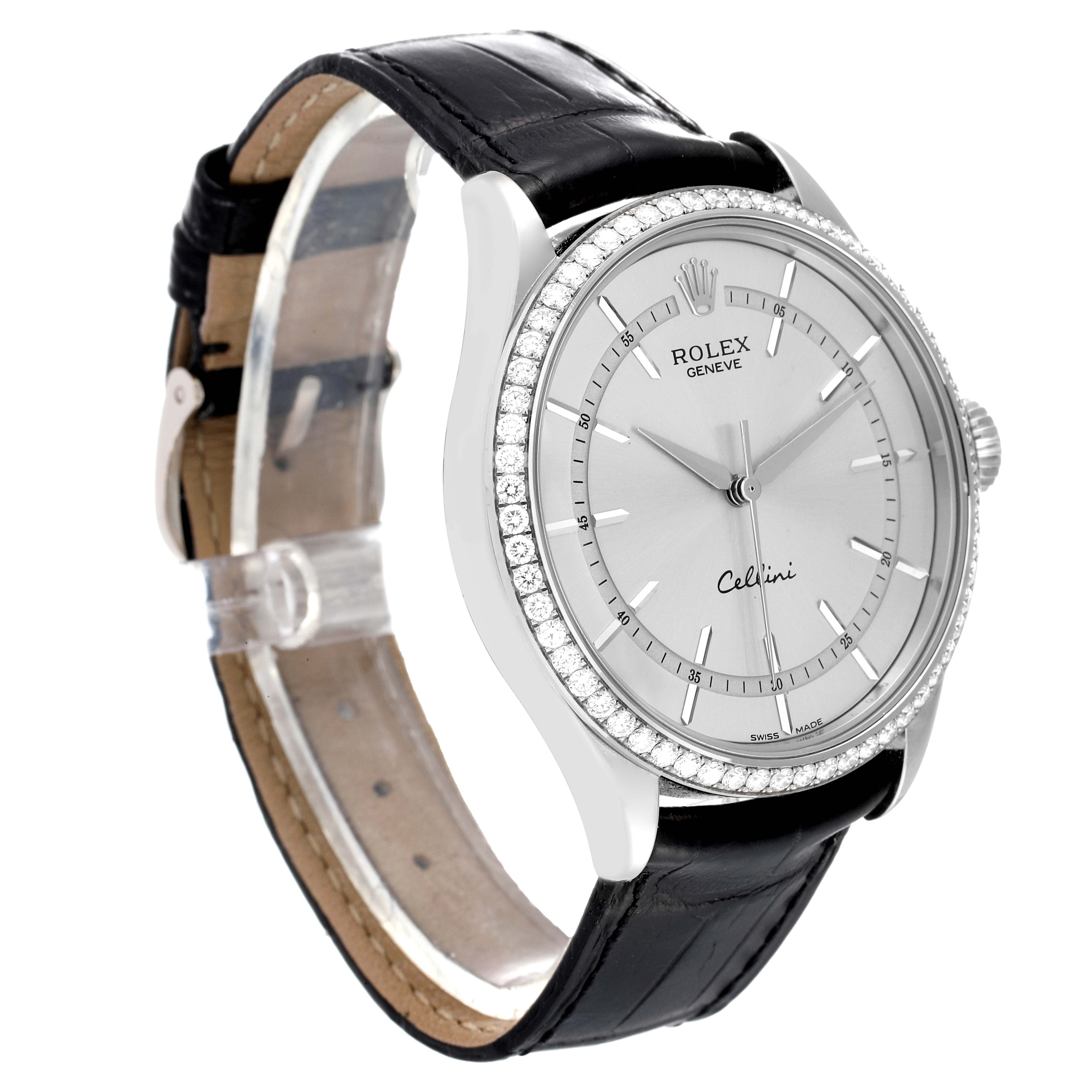 The image shows a Rolex Cellini 50709 Men's White Gold Silver Dial 50709 Men's White Gold Silver Dial watch at an angled side view, highlighting the dial, bezel, and part of the strap.