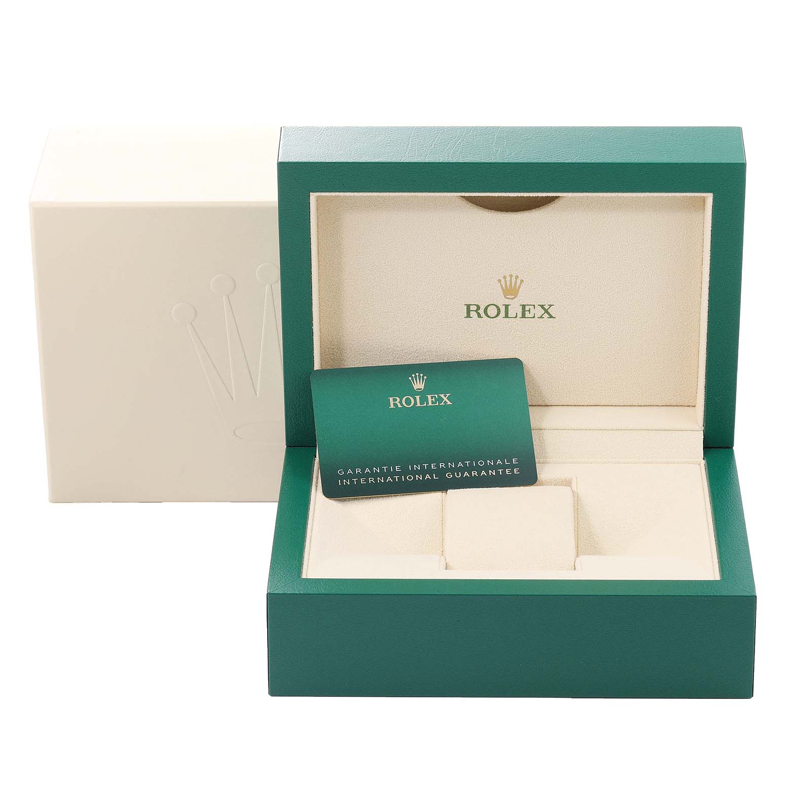 The image shows the packaging and guarantee card for a Rolex Cellini 50709 Men's White Gold Silver Dial 50709 Men's White Gold Silver Dial model watch.