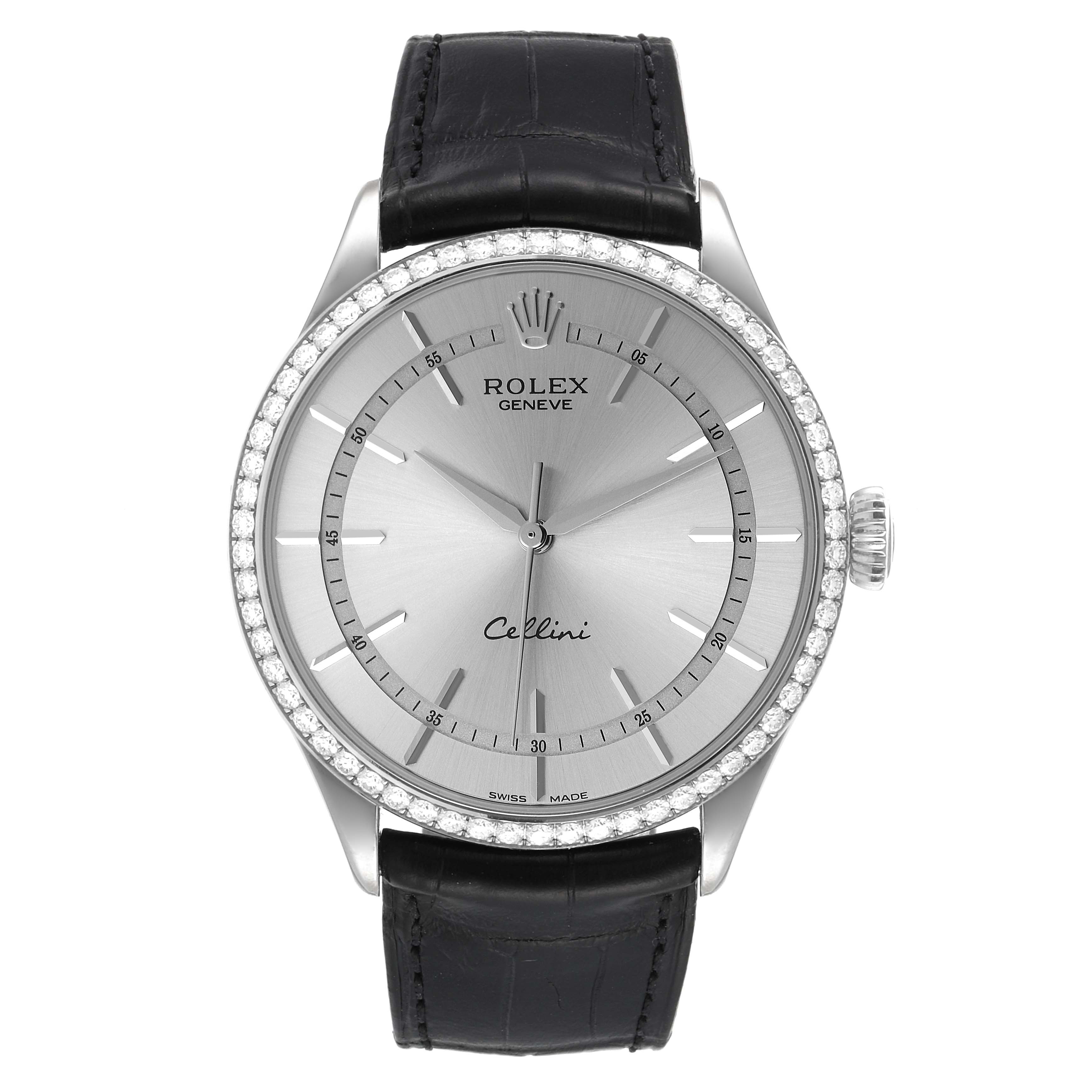 The image shows a front view of a Rolex Cellini 50709 Men's White Gold Silver Dial 50709 Men's White Gold Silver Dial watch, displaying the dial, bezel, and leather strap.