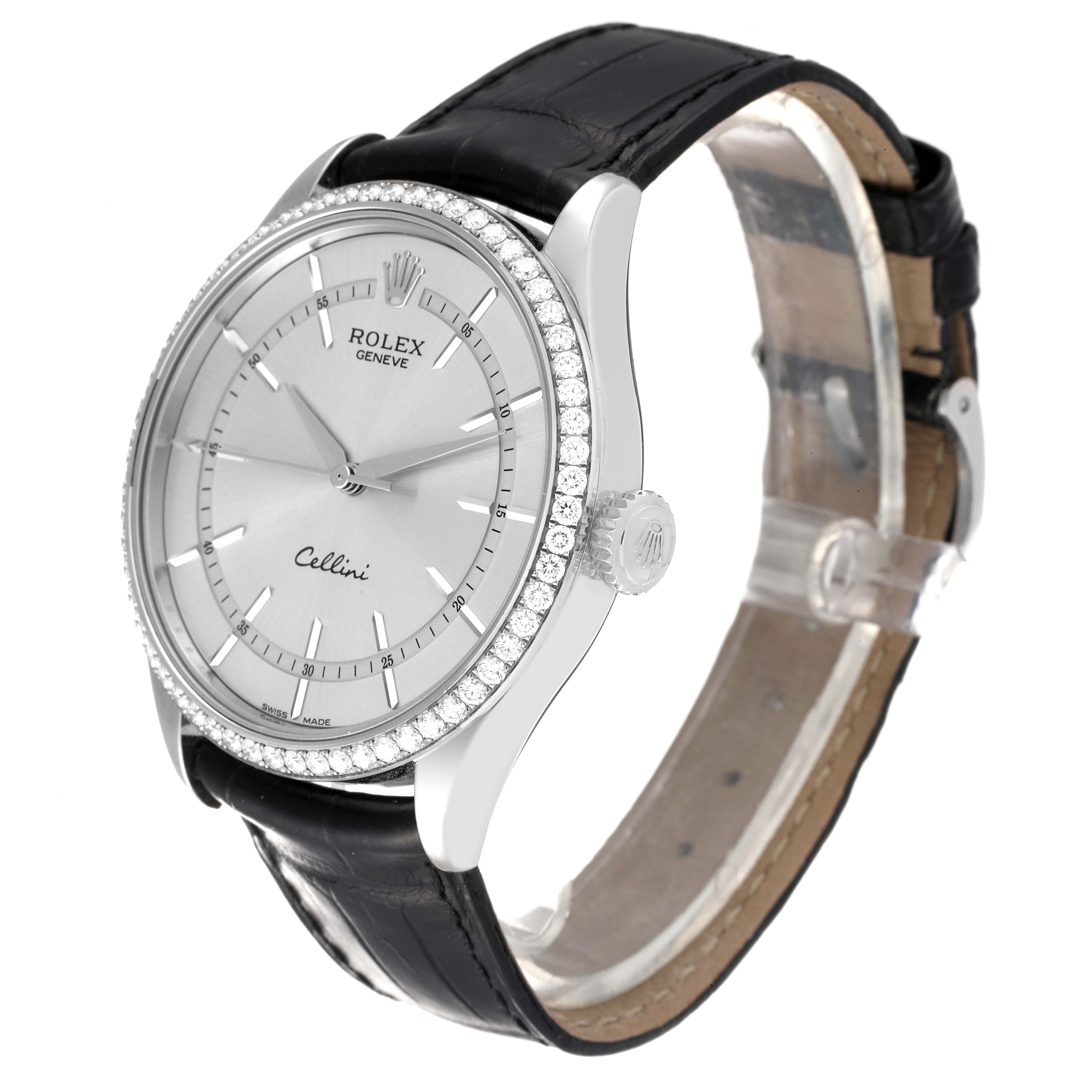 The Rolex Cellini 50709 Men's White Gold Silver Dial 50709 Men's White Gold Silver Dial watch is shown at a slight angle, highlighting its face, bezel, crown, and black leather strap.