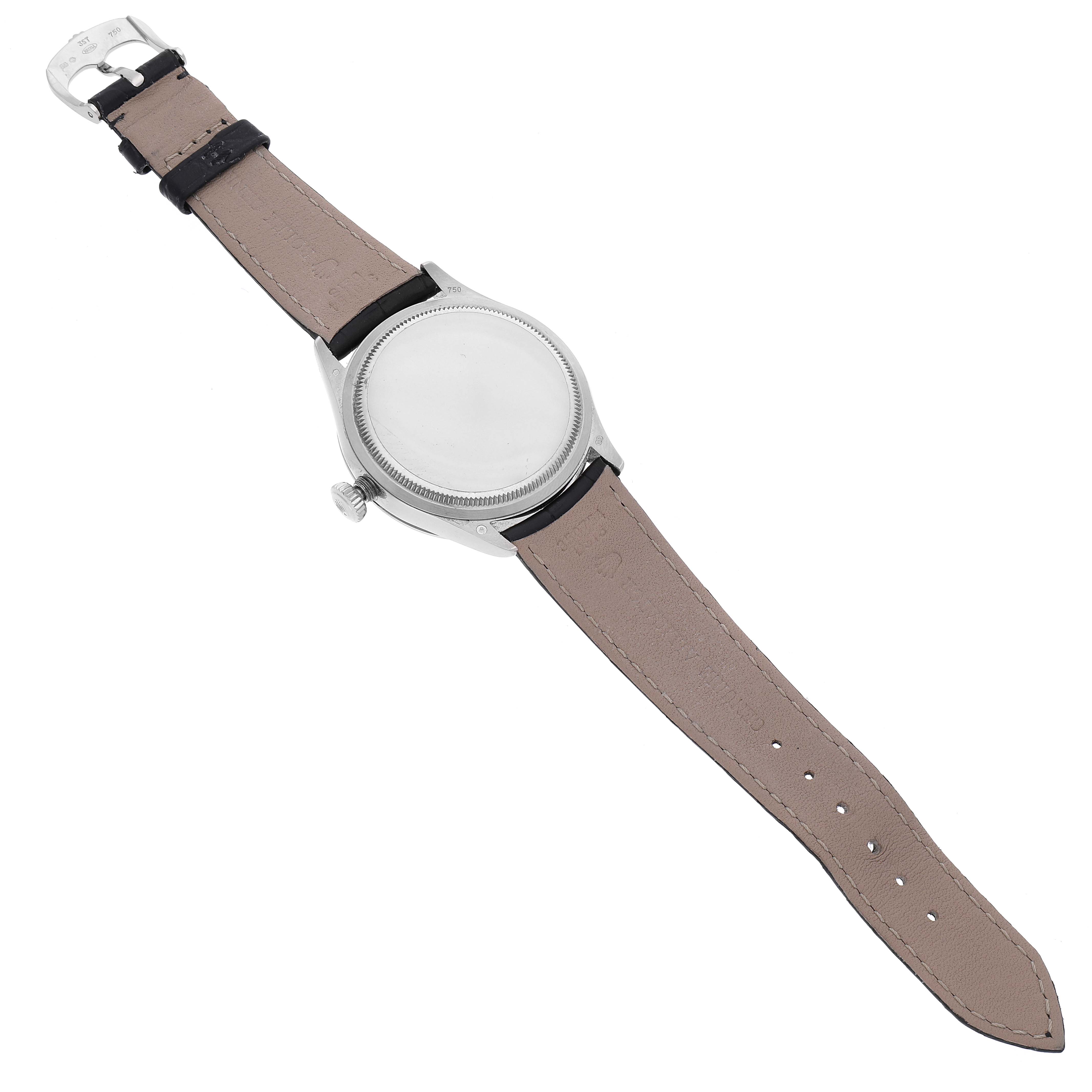 The image shows the back view of a Rolex Cellini 50709 Men's White Gold Silver Dial 50709 Men's White Gold Silver Dial watch, featuring its strap, buckle, and case back.