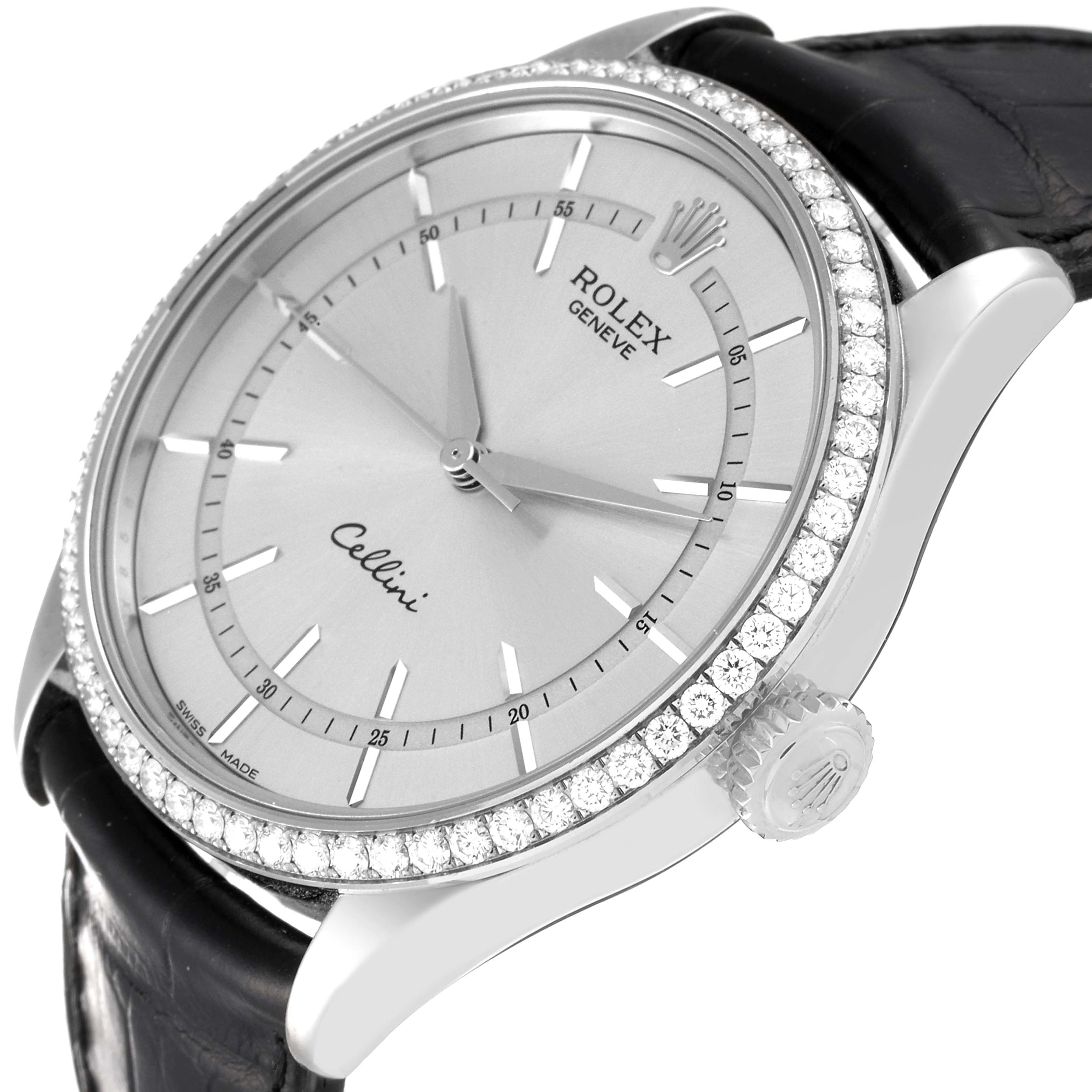 The image shows a close-up, angled view of a Rolex Cellini 50709 Men's White Gold Silver Dial 50709 Men's White Gold Silver Dial watch, highlighting its face, crown, bezel, and part of the black strap.