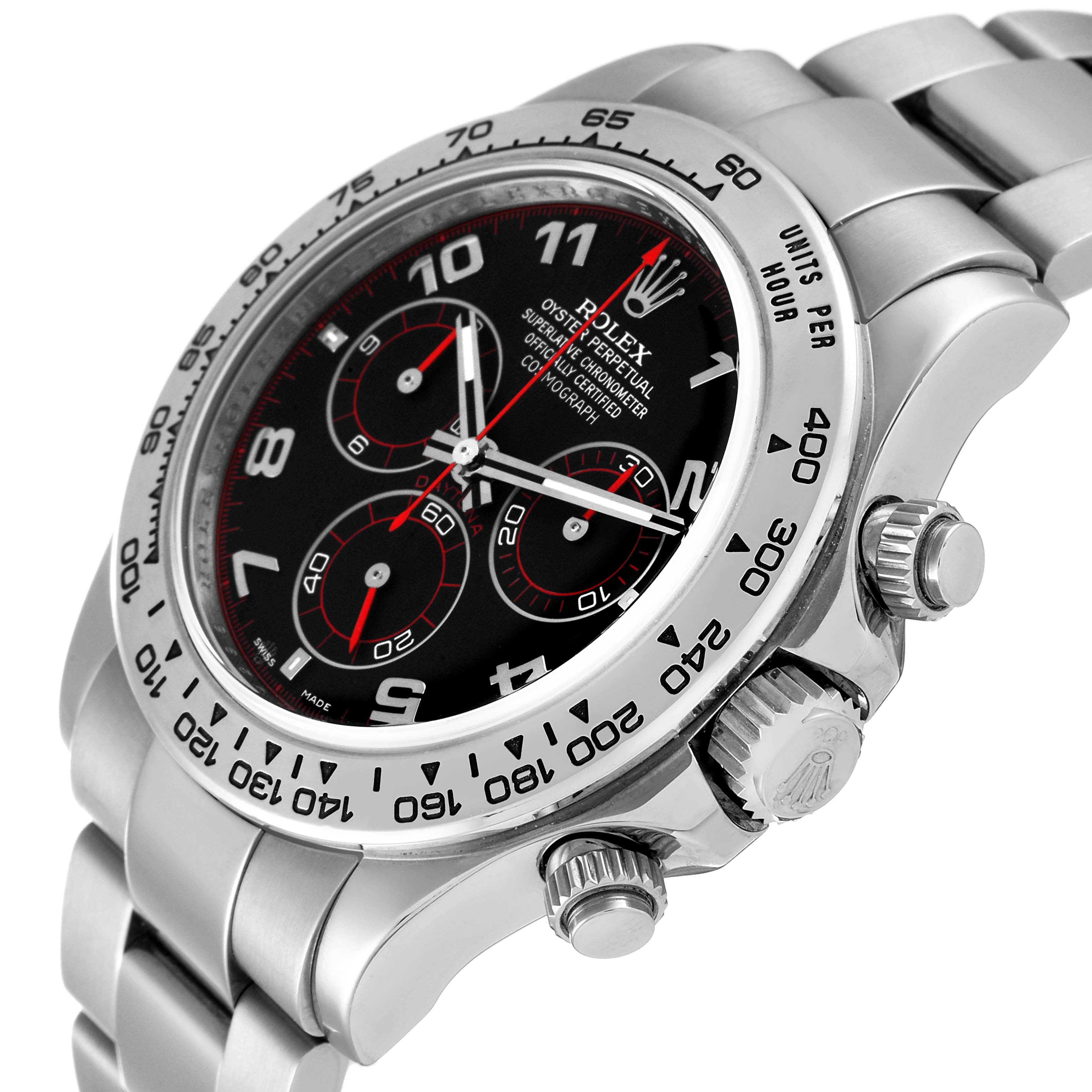 The Rolex Daytona 116509 Men's White Gold Black Dial 116509 Men's White Gold Black Dial watch is shown at an angle highlighting the face, bezel, crown, and part of the bracelet.