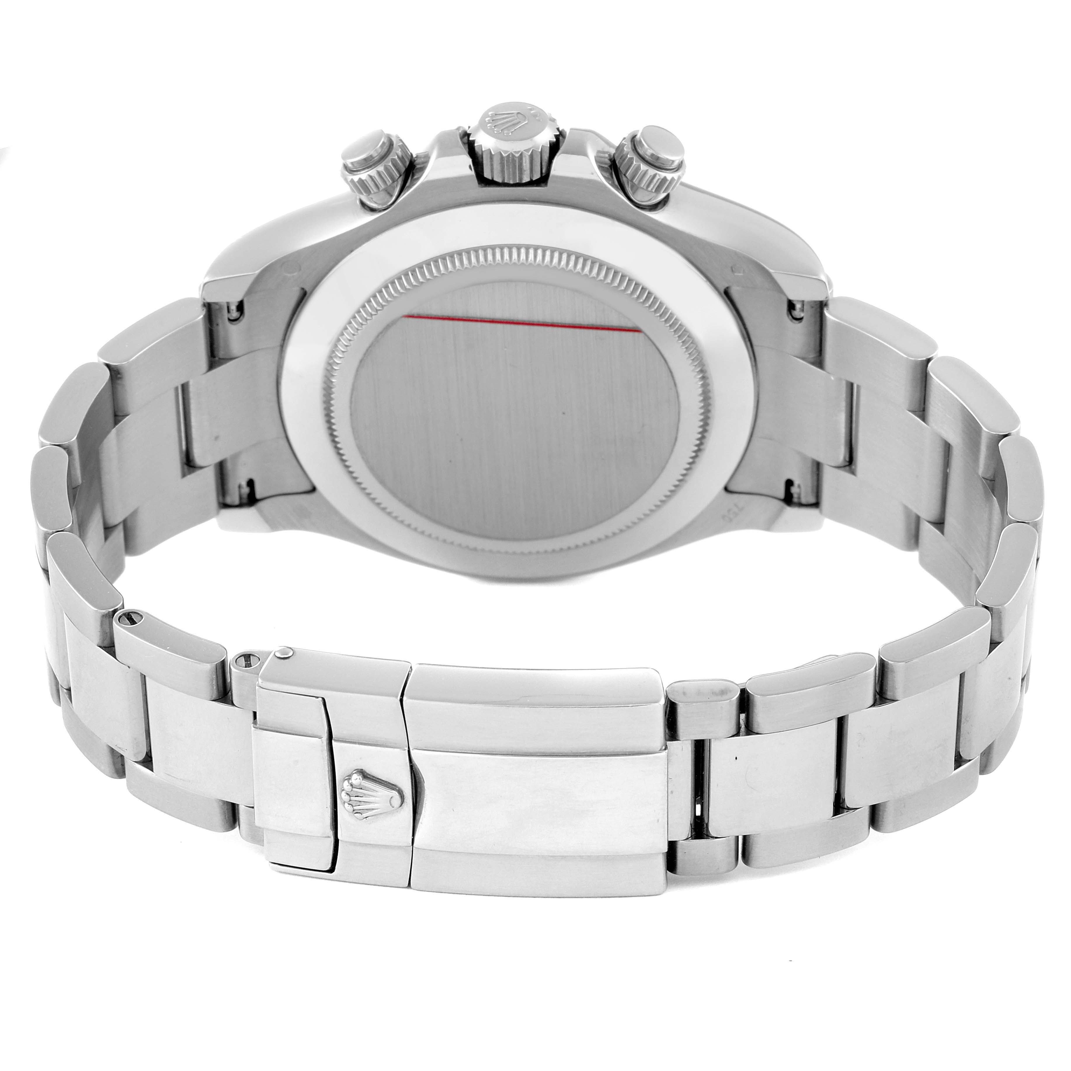 The image shows the back and clasp of the Daytona model Rolex watch, highlighting its metal bracelet and caseback.