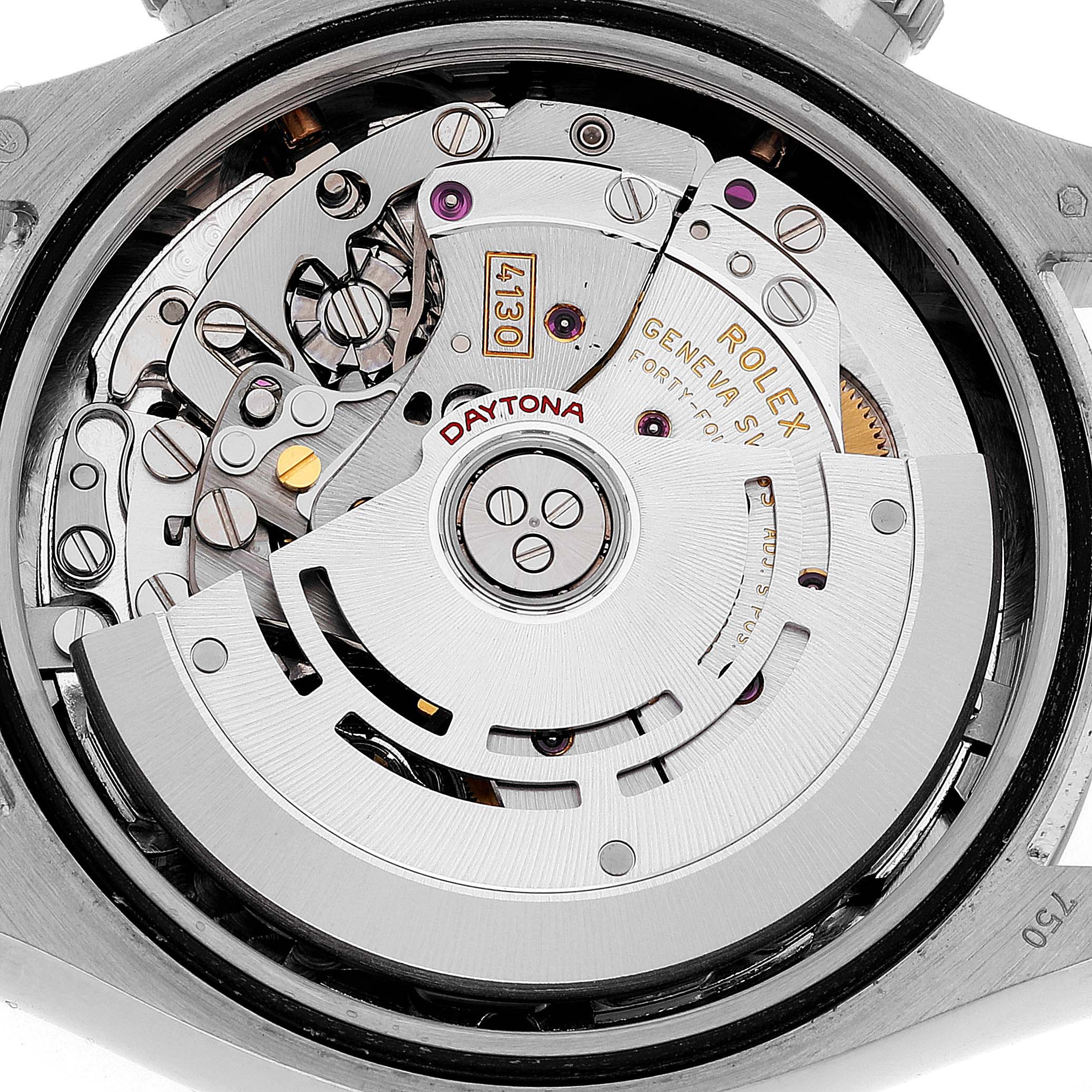 This image shows an open case-back view of the movement mechanism inside a Rolex Daytona 116509 Men's White Gold Black Dial 116509 Men's White Gold Black Dial watch.