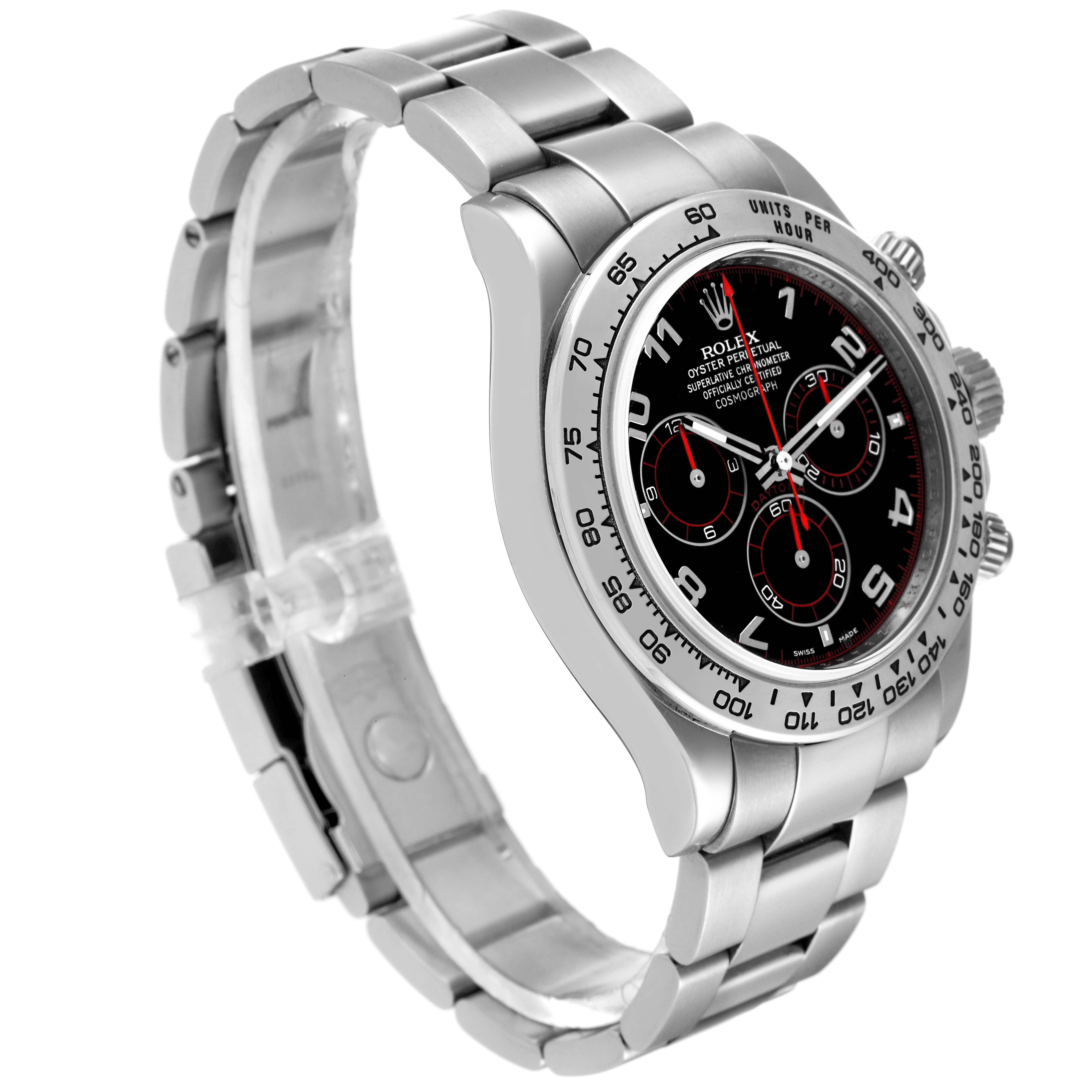 The image shows a Rolex Daytona 116509 Men's White Gold Black Dial 116509 Men's White Gold Black Dial watch at a 3/4 angle, displaying the watch face, bezel, lugs, and bracelet.