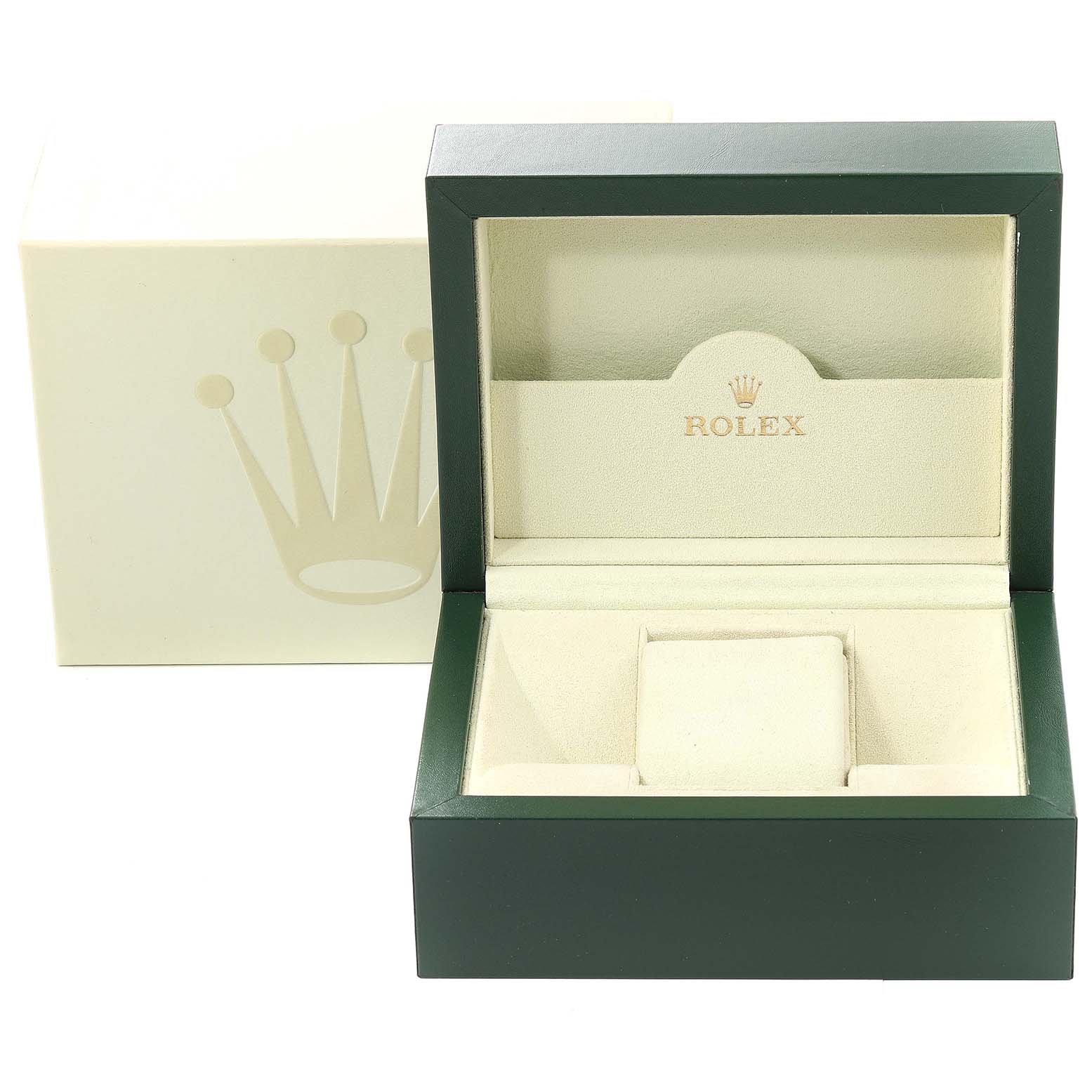 This image shows an open green Rolex Daytona 116509 Men's White Gold Black Dial 116509 Men's White Gold Black Dial watch box with the outer box featuring the Rolex logo.