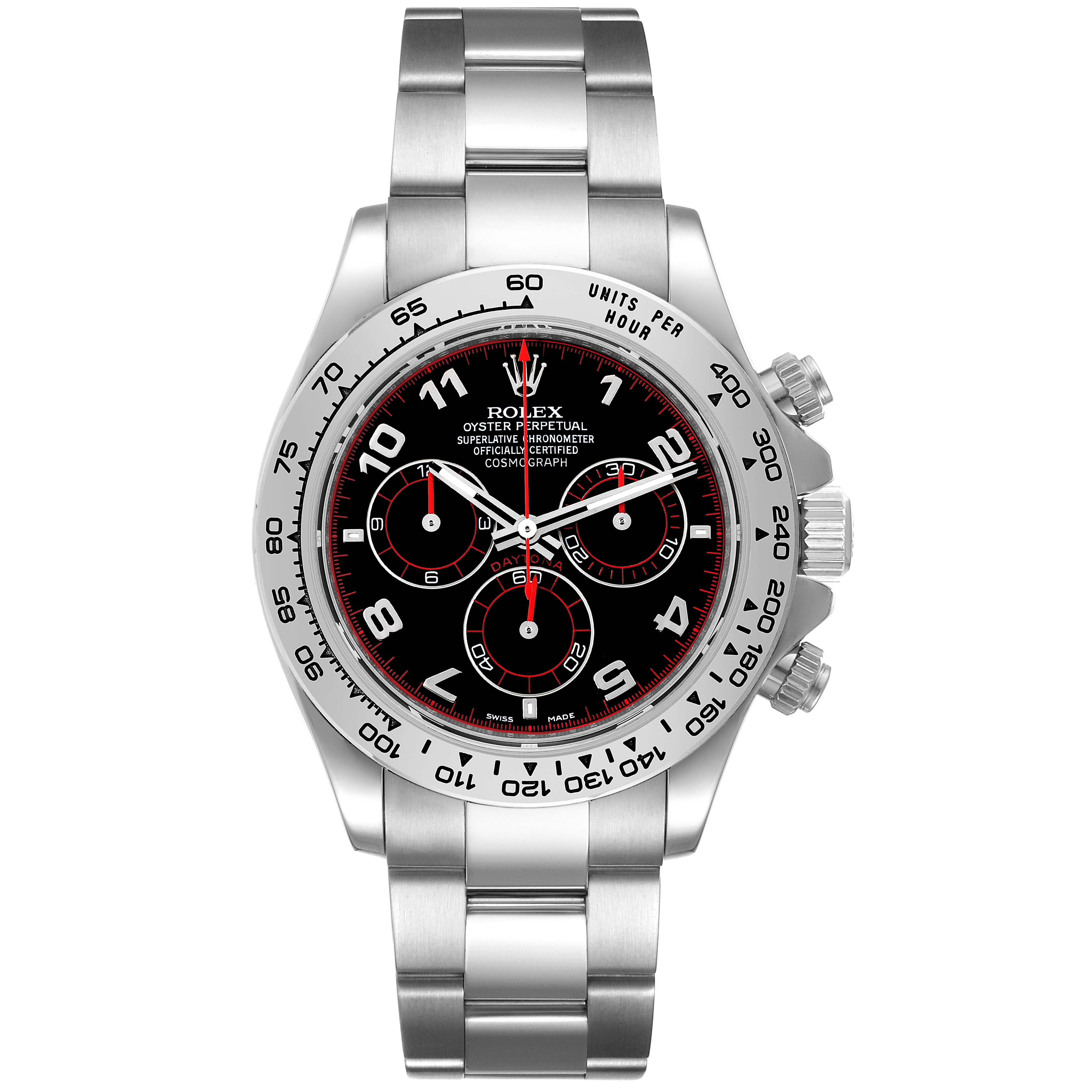 This image shows the front view of a Rolex Daytona 116509 Men's White Gold Black Dial 116509 Men's White Gold Black Dial watch, displaying its dial, bezel, crown, pushers, and bracelet.