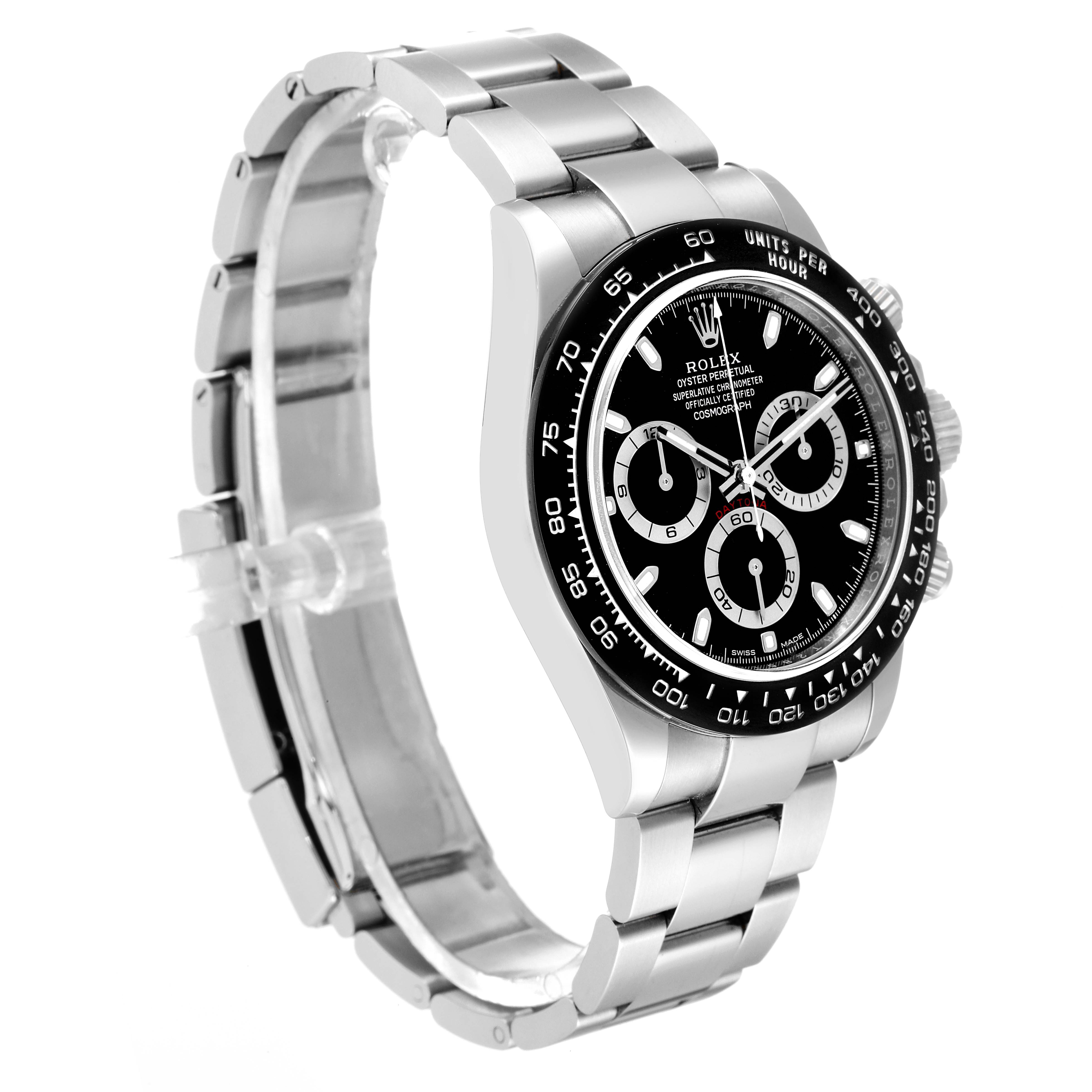 The image shows a side and front angle of a Rolex Daytona 116500 Men's Stainless Steel Black Dial 116500 Men's Stainless Steel Black Dial watch, showcasing its stainless steel bracelet, black dial, and bezel.