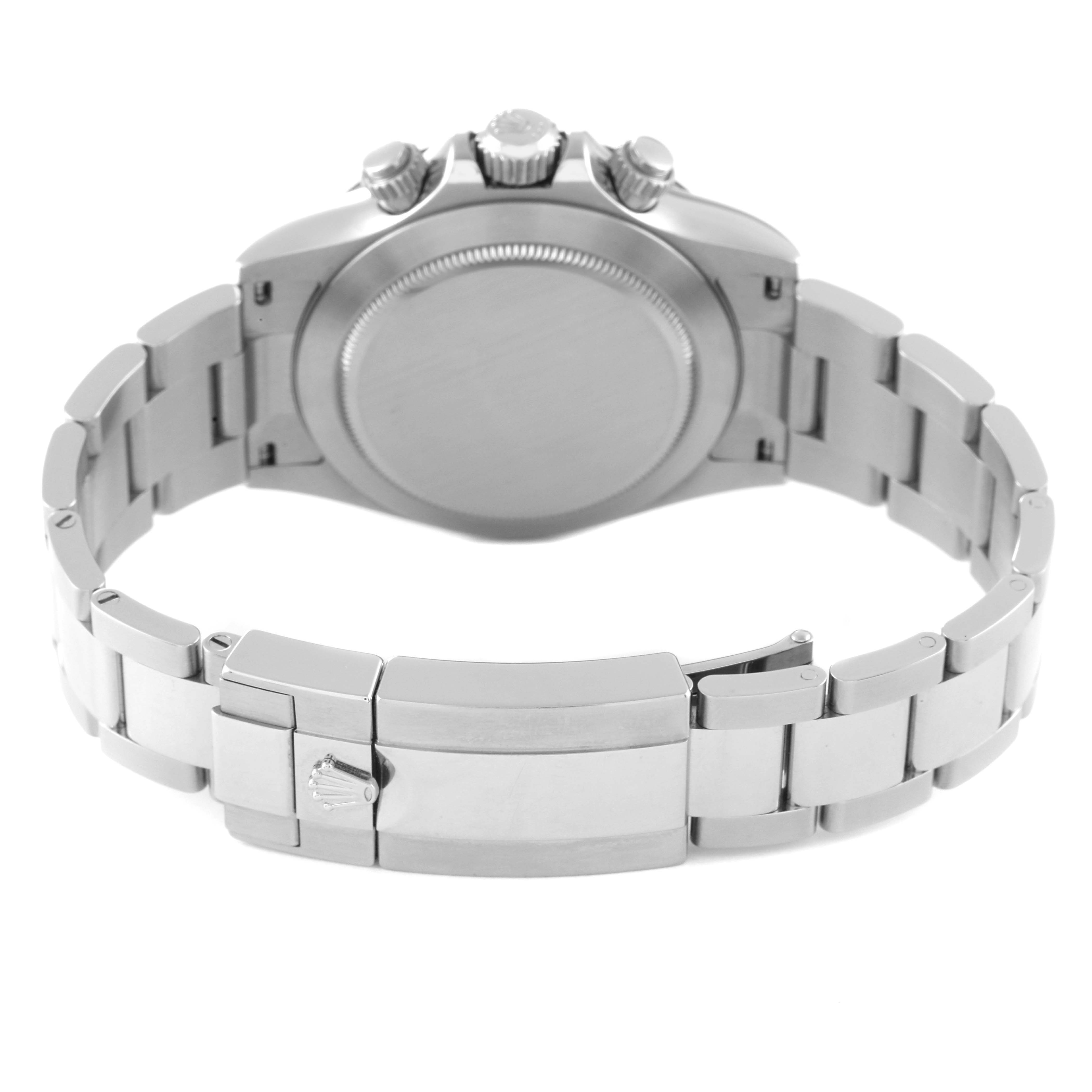 The image shows the back view of a Rolex Daytona 116500 Men's Stainless Steel Black Dial 116500 Men's Stainless Steel Black Dial watch, highlighting its metal bracelet and clasp.