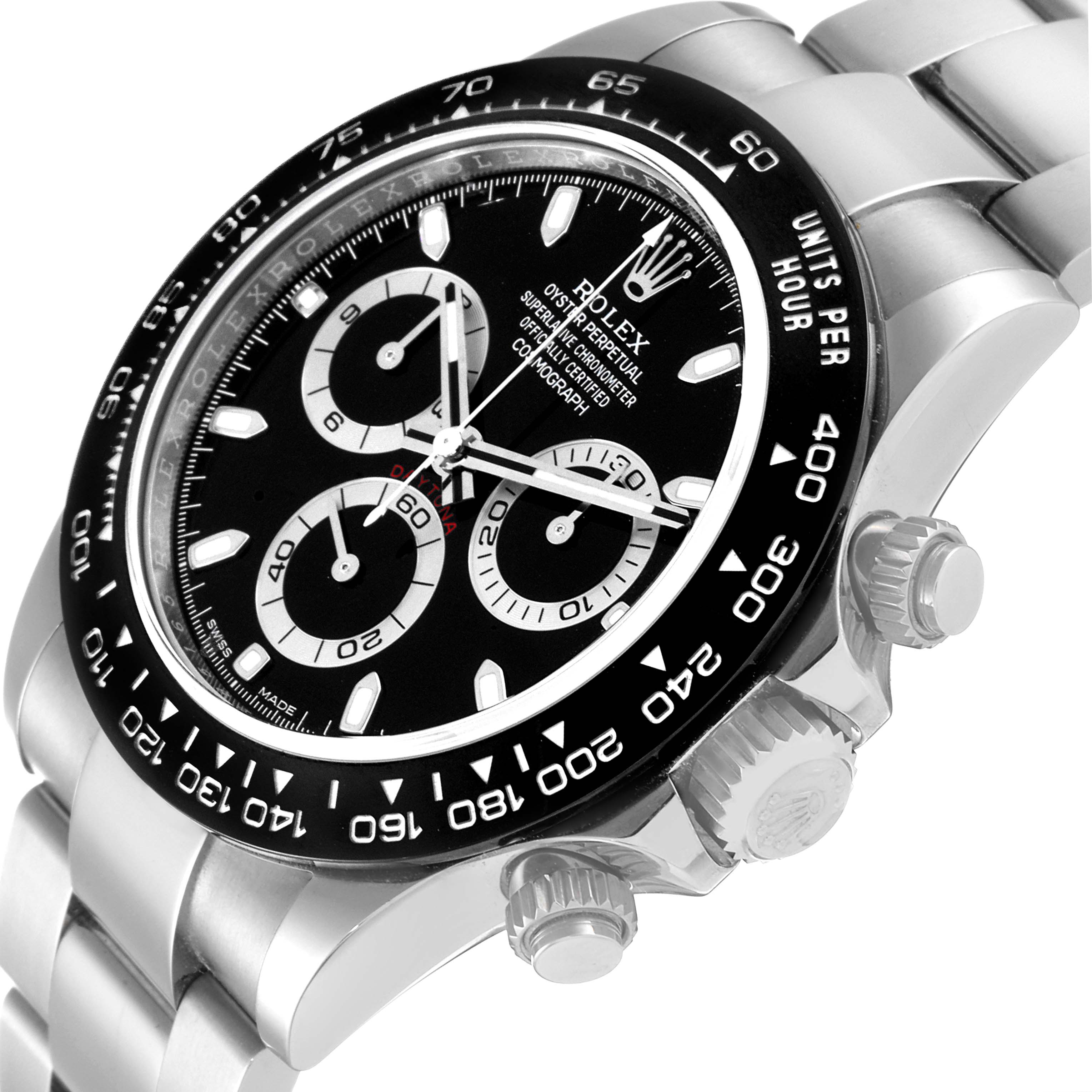 The image shows a close-up side angle of the Rolex Daytona 116500 Men's Stainless Steel Black Dial 116500 Men's Stainless Steel Black Dial watch, highlighting the bezel, dial, and crown.