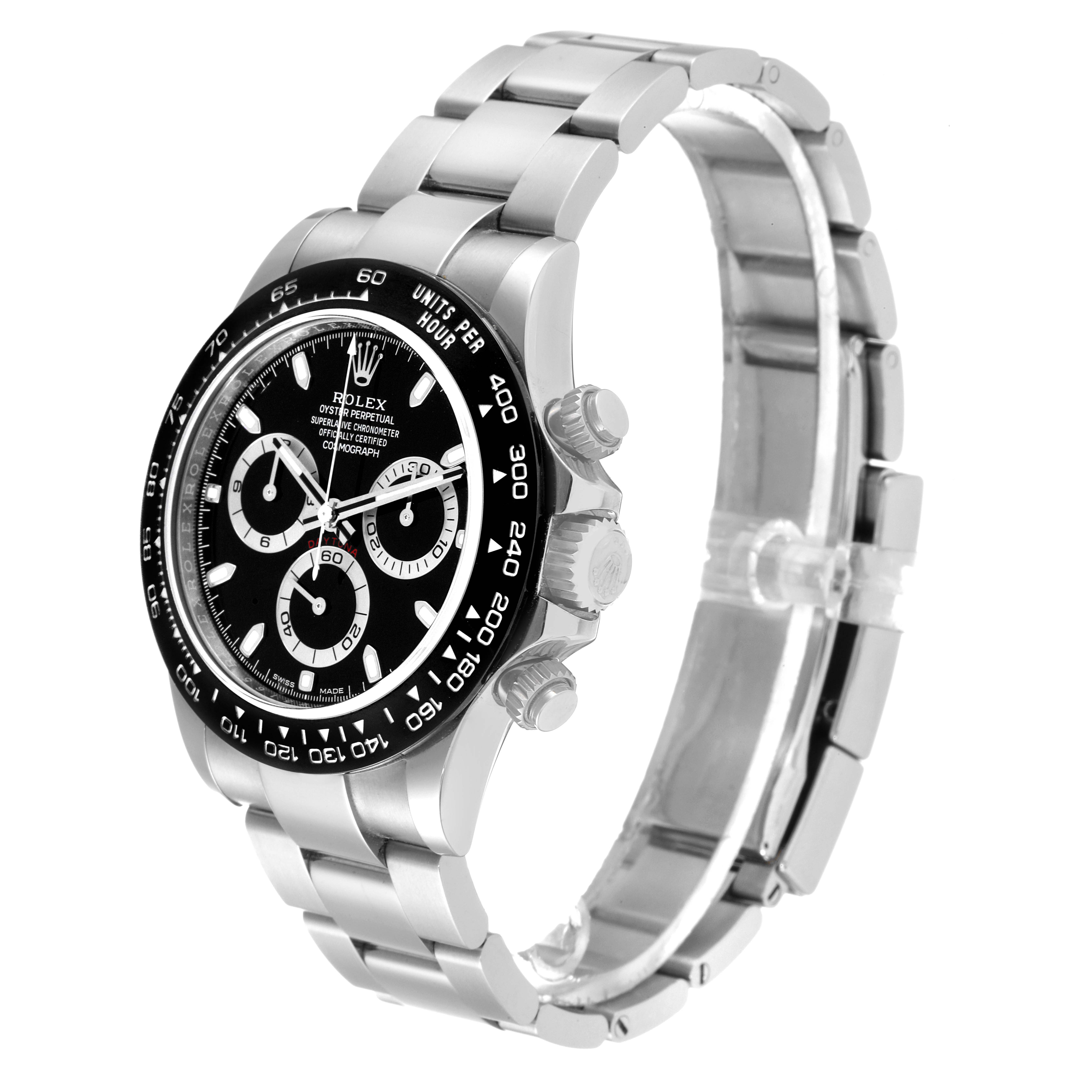 The image shows a side angle of a Rolex Daytona 116500 Men's Stainless Steel Black Dial 116500 Men's Stainless Steel Black Dial watch, highlighting its black dial, bezel, and metal bracelet.