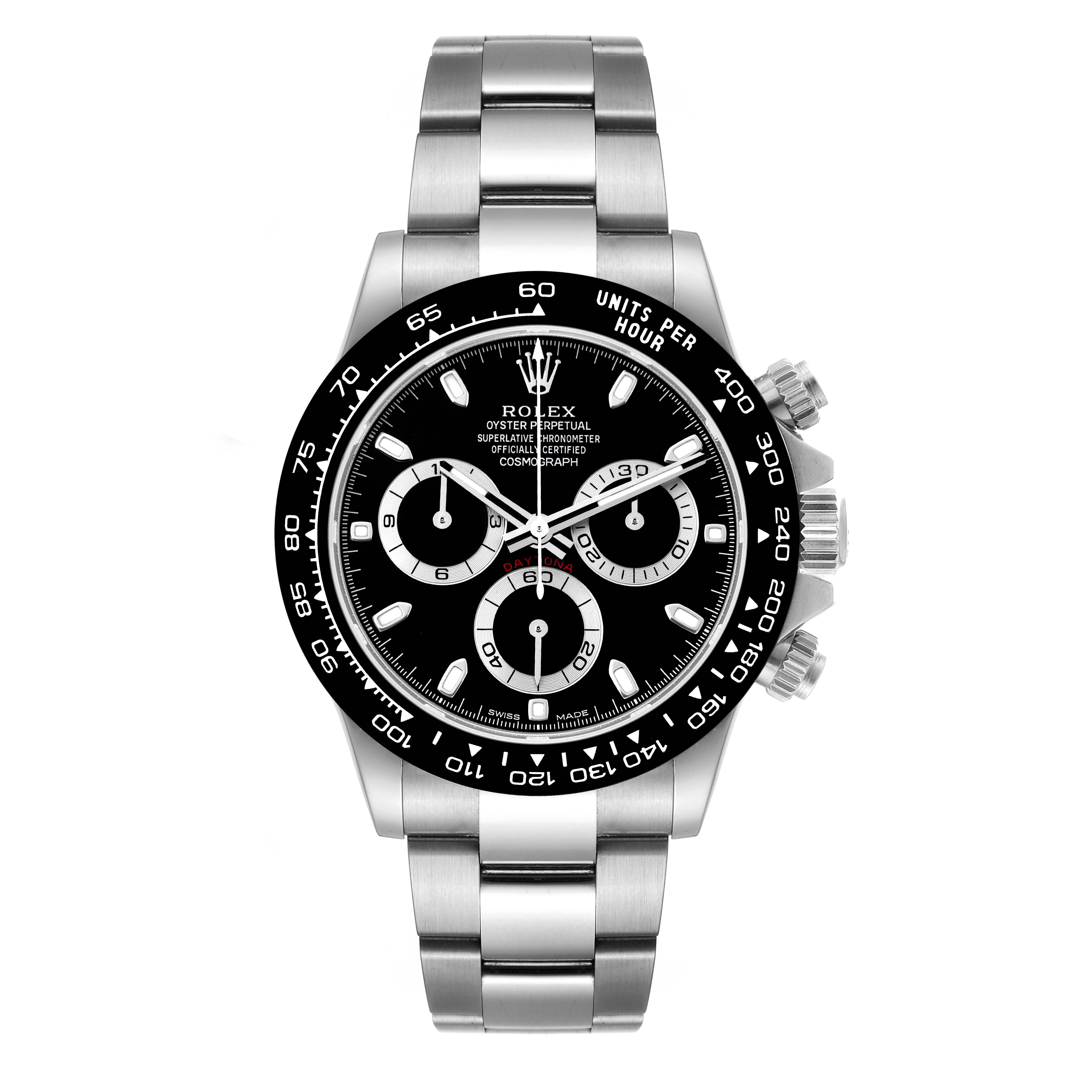 This image shows the front view of a Rolex Daytona 116500 Men's Stainless Steel Black Dial 116500 Men's Stainless Steel Black Dial watch, featuring its dial, bezel, and bracelet.