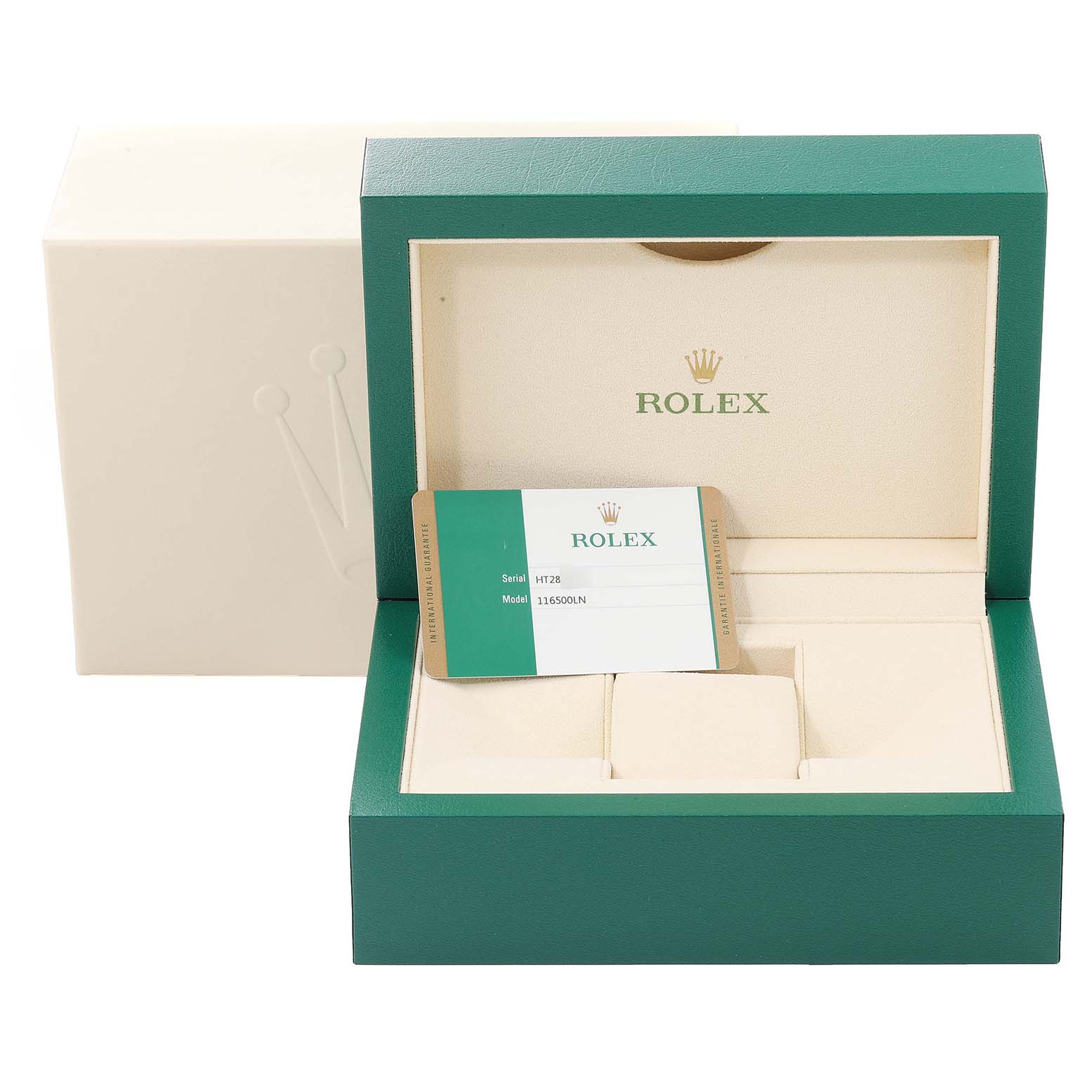 The image shows an open green Rolex Daytona 116500 Men's Stainless Steel Black Dial 116500 Men's Stainless Steel Black Dial watch box with accompanying certificate.
