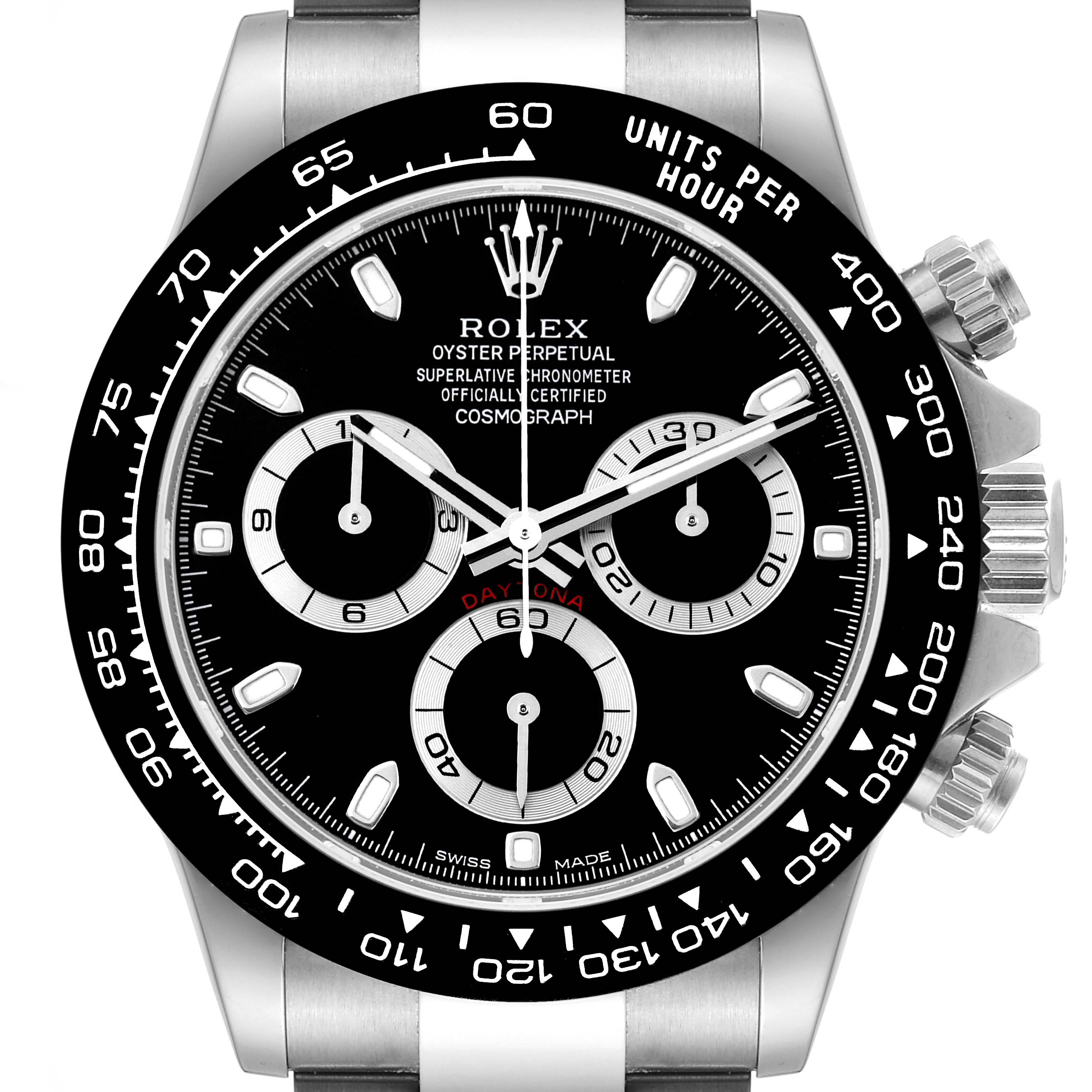 This image shows the front view of a Rolex Daytona 116500 Men's Stainless Steel Black Dial 116500 Men's Stainless Steel Black Dial watch, displaying its face, bezel, chronograph sub-dials, and crown.