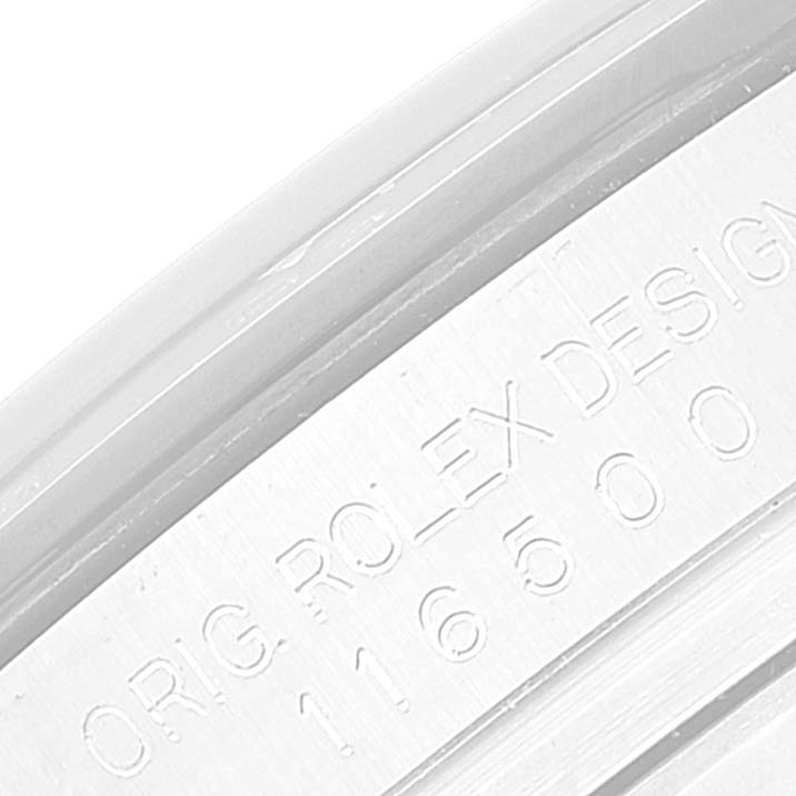 The image shows a close-up of the inner bezel of a Rolex Daytona 116500 Men's Stainless Steel Black Dial 116500 Men's Stainless Steel Black Dial watch, highlighting the model number and design engraving.