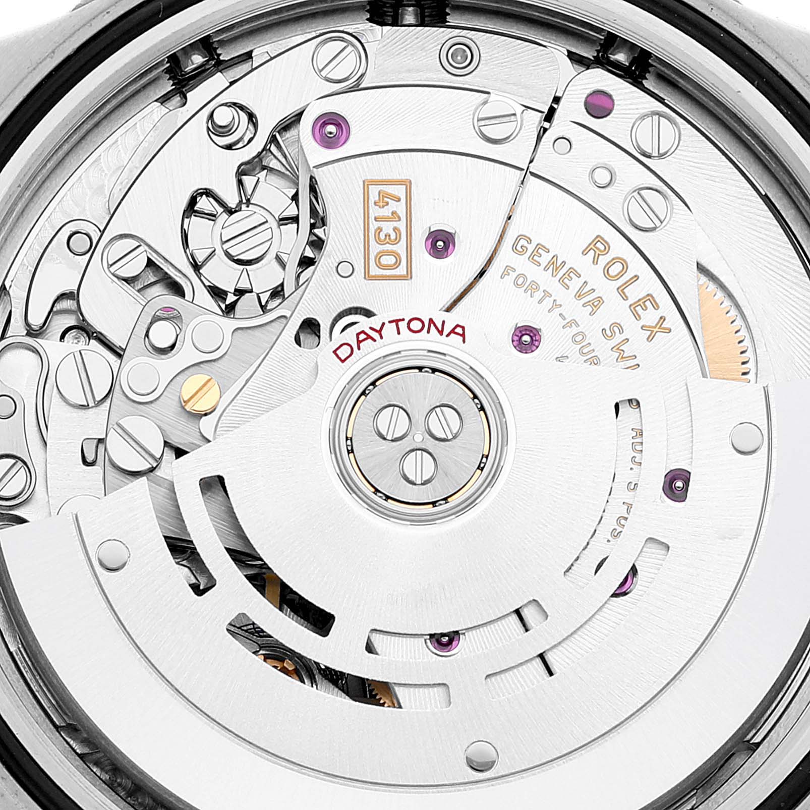 This close-up image shows the intricate inner mechanism of the Rolex Daytona 116500 Men's Stainless Steel Black Dial 116500 Men's Stainless Steel Black Dial model watch.