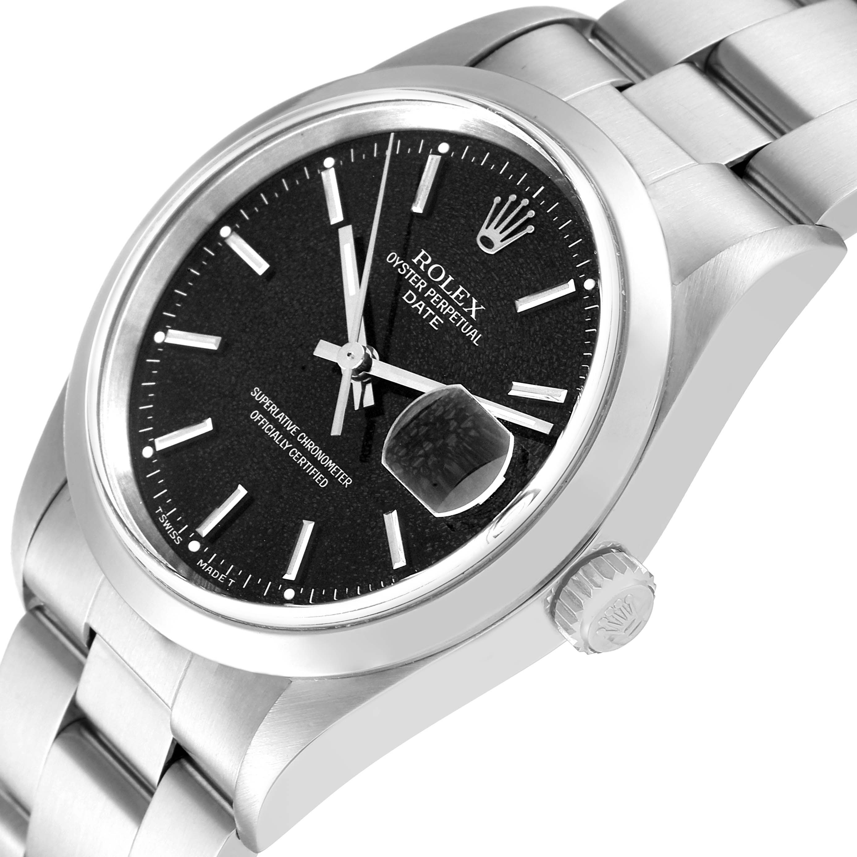 The image shows a close-up angled view of a Rolex Date 15200 Men
s Stainless Steel Black Dial 15200 Men
s Stainless Steel Black Dial model watch, focusing on the face, bezel, and a section of the bracelet.