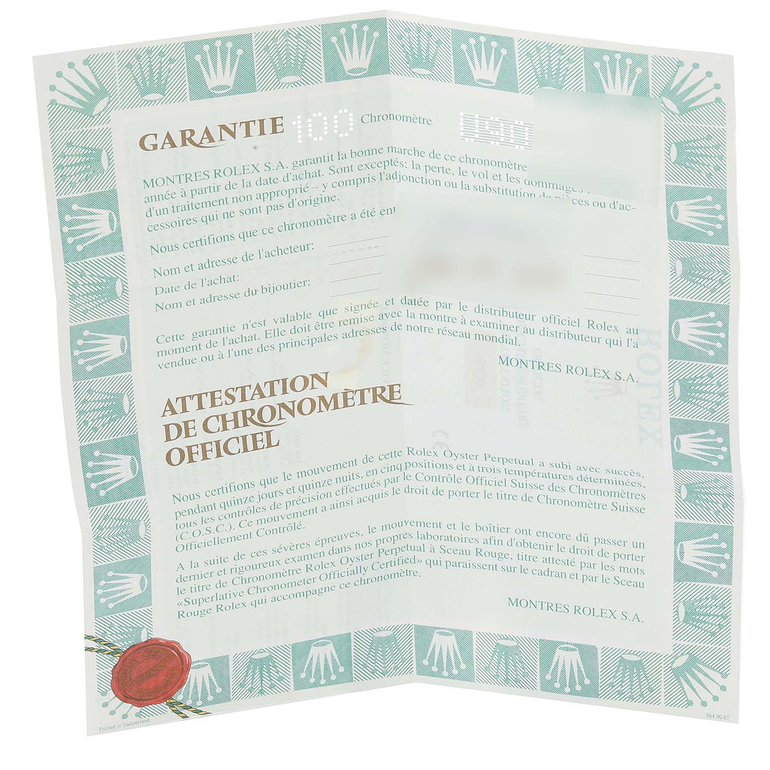 This image shows the official warranty and chronometer certification document for a Rolex Date 15200 Men
s Stainless Steel Black Dial 15200 Men
s Stainless Steel Black Dial model watch.