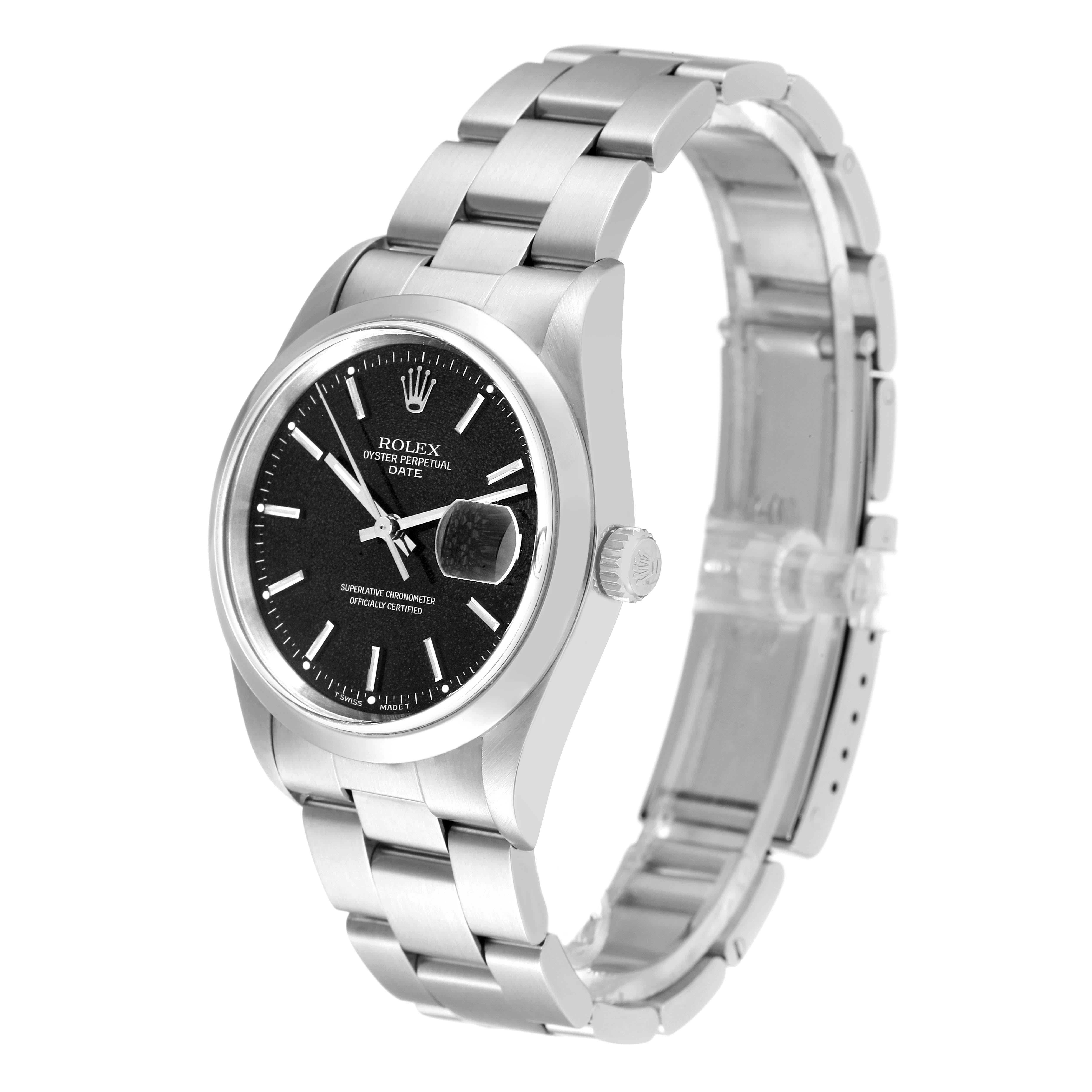 The image shows a side angle of a Rolex Date 15200 Men
s Stainless Steel Black Dial 15200 Men
s Stainless Steel Black Dial model watch, highlighting the face, crown, and bracelet.