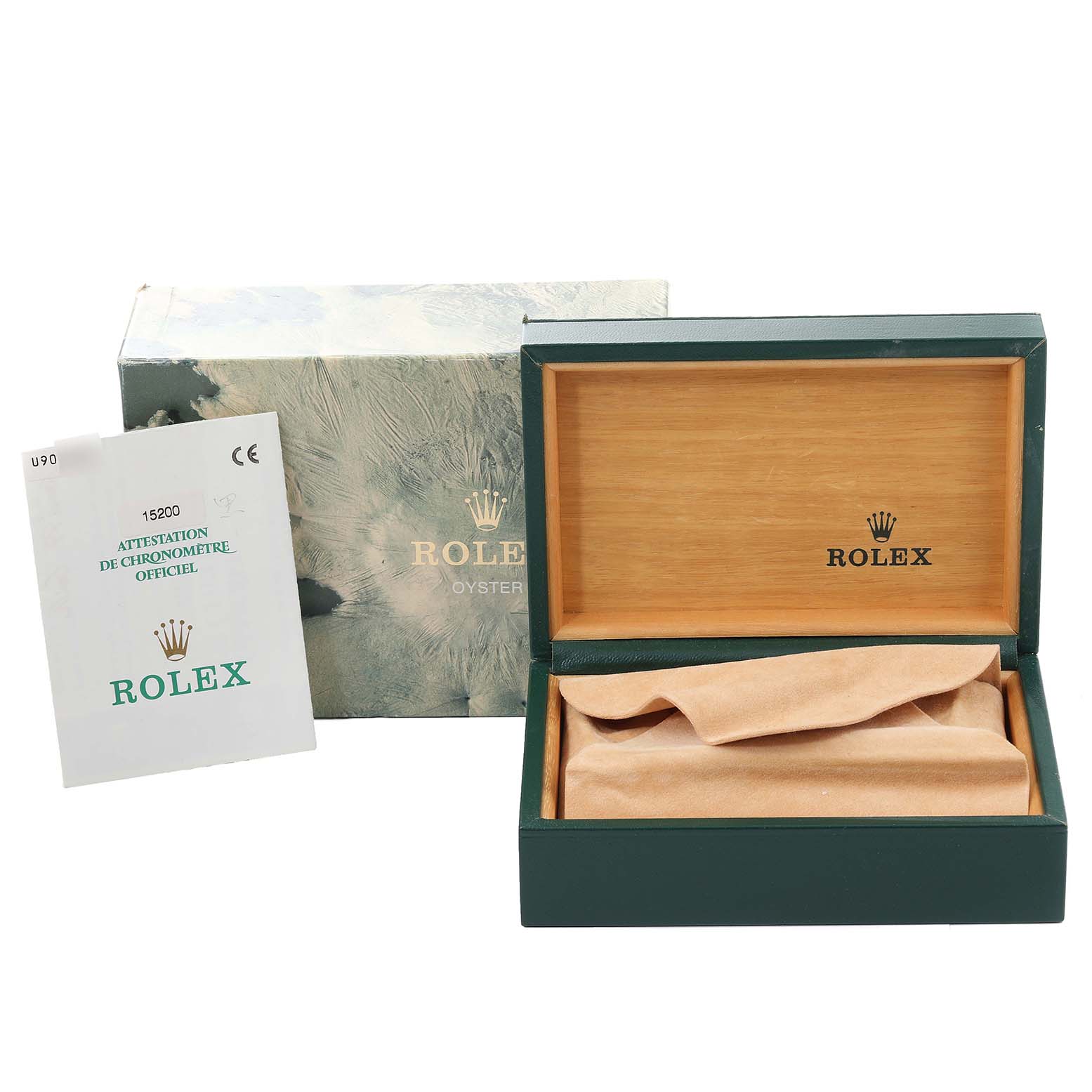 This image shows an open Rolex Date 15200 Men
s Stainless Steel Black Dial 15200 Men
s Stainless Steel Black Dial model box along with its certificate and outer packaging.