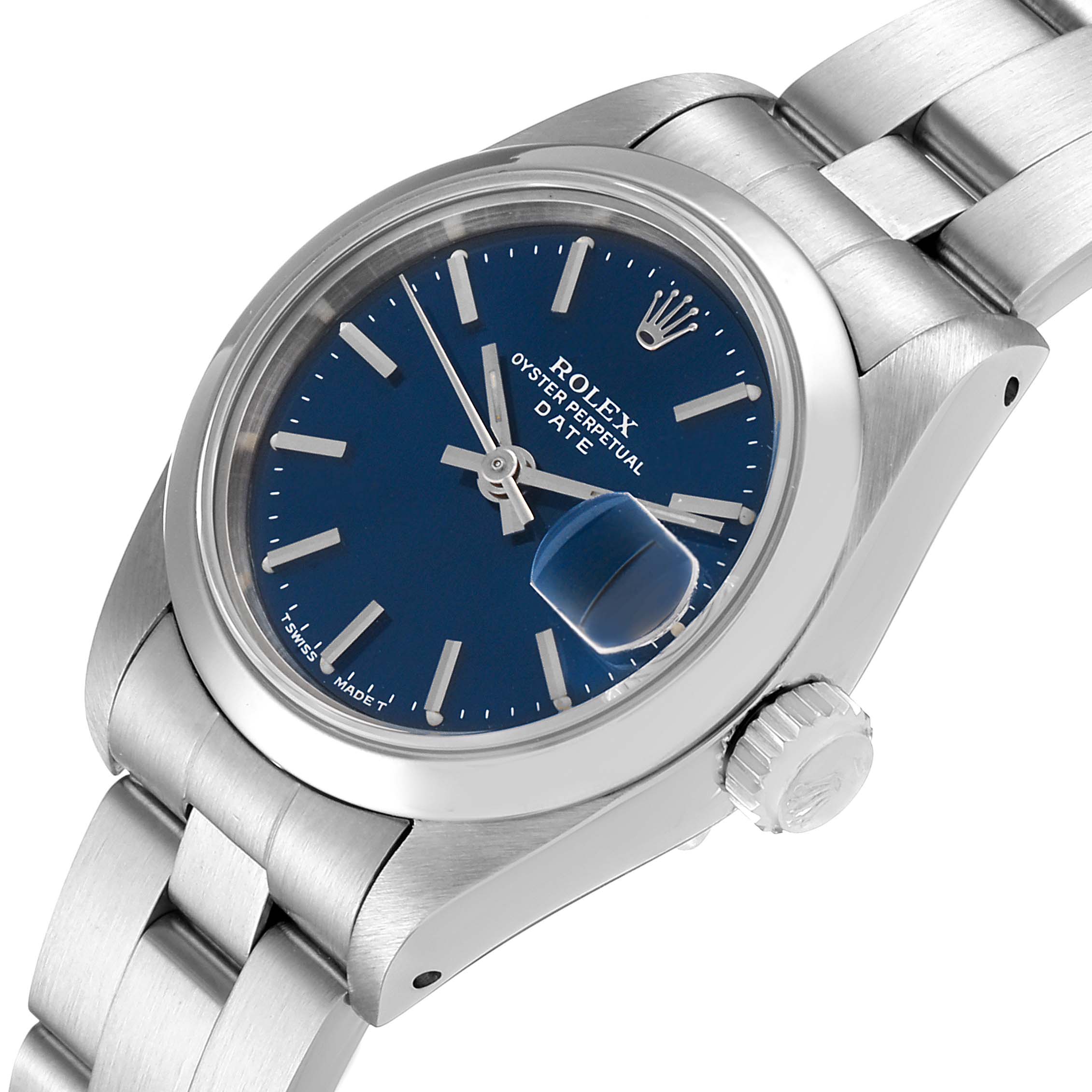 This image shows the Rolex Date 69160 Women
s Stainless Steel Blue Dial 69160 Women
s Stainless Steel Blue Dial model watch from an angled perspective, highlighting the face, bezel, crown, and bracelet.