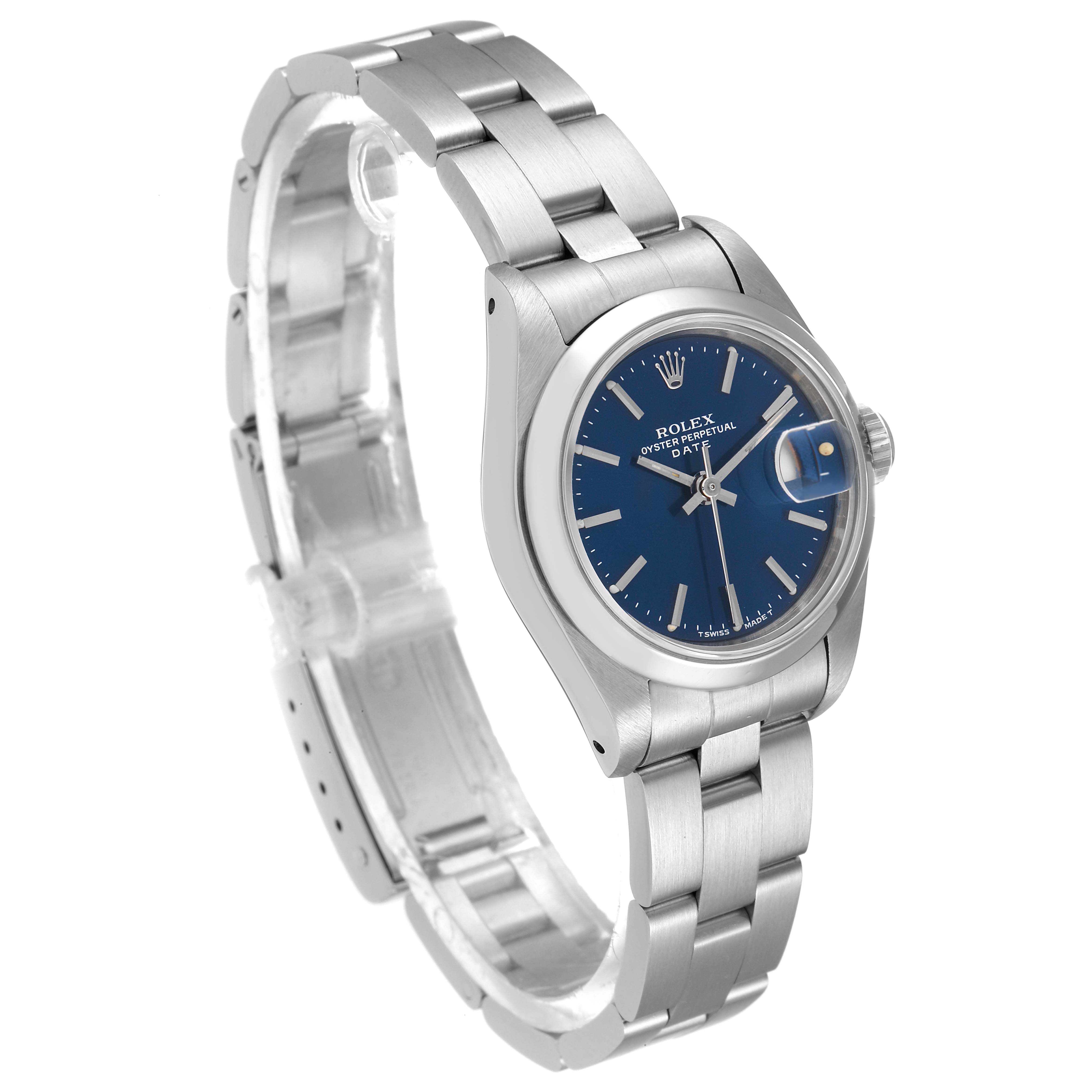 This image shows a Rolex Date 69160 Women
s Stainless Steel Blue Dial 69160 Women
s Stainless Steel Blue Dial model watch from a three-quarter angle, highlighting the dial, bracelet, and clasp.