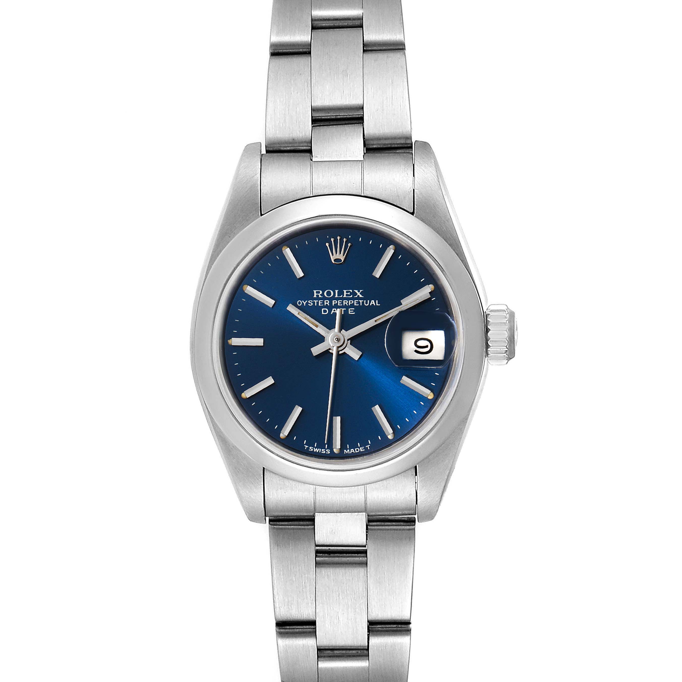 The image shows a front view of the Rolex Date 69160 Women
s Stainless Steel Blue Dial 69160 Women
s Stainless Steel Blue Dial model watch, highlighting its dial, bracelet, and date feature.