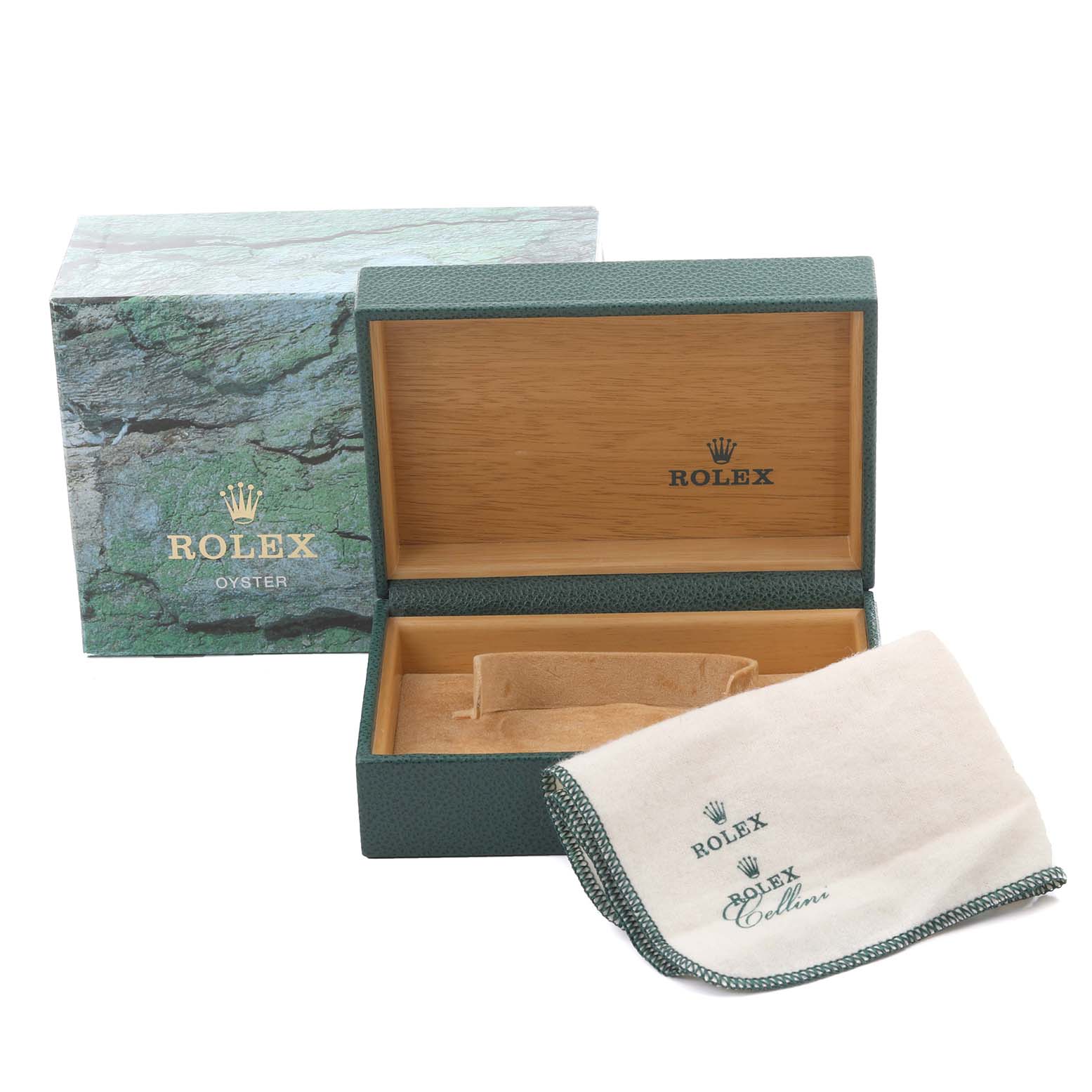 The image shows an open Rolex Vintage Collection 15010 Men's Stainless Steel Silver Dial 15010 Men's Stainless Steel Silver Dial watch box with a cleaning cloth and storage case from a front angle.