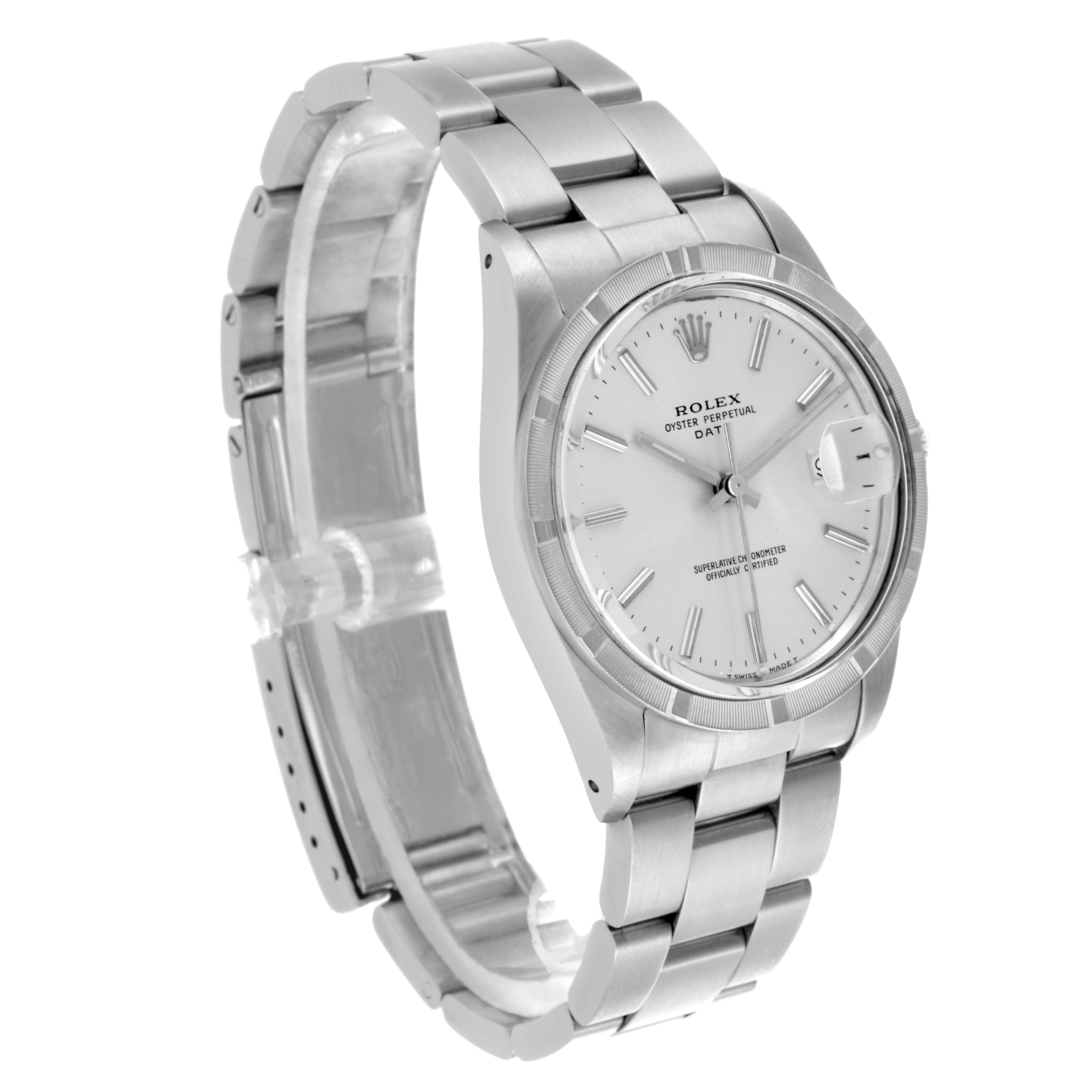 The Rolex Vintage Collection 15010 Men's Stainless Steel Silver Dial 15010 Men's Stainless Steel Silver Dial watch is shown at an angled view, highlighting the face and stainless steel bracelet.