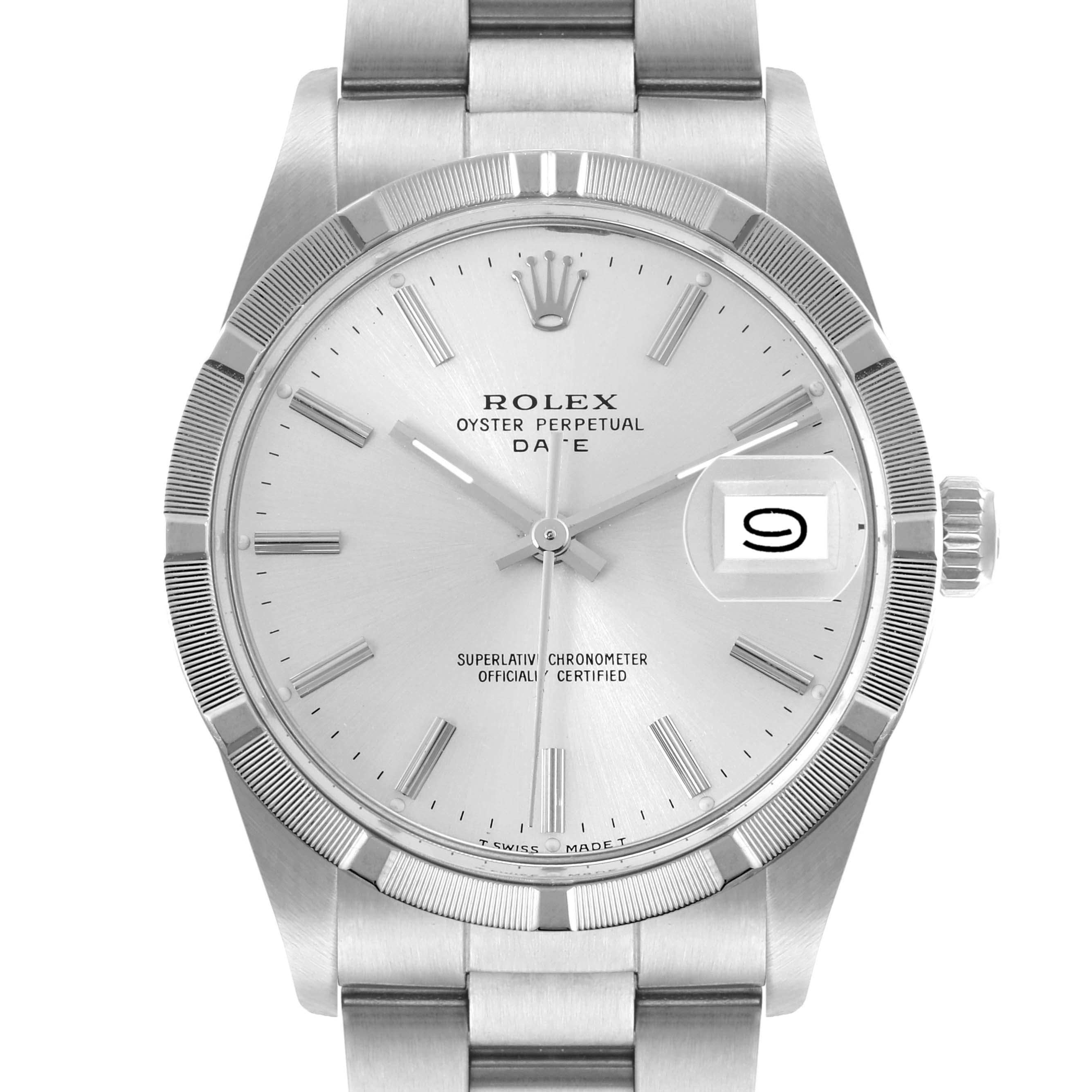 The Rolex Vintage Collection 15010 Men's Stainless Steel Silver Dial 15010 Men's Stainless Steel Silver Dial model is shown from the front, displaying the dial, bezel, crown, and part of the bracelet.