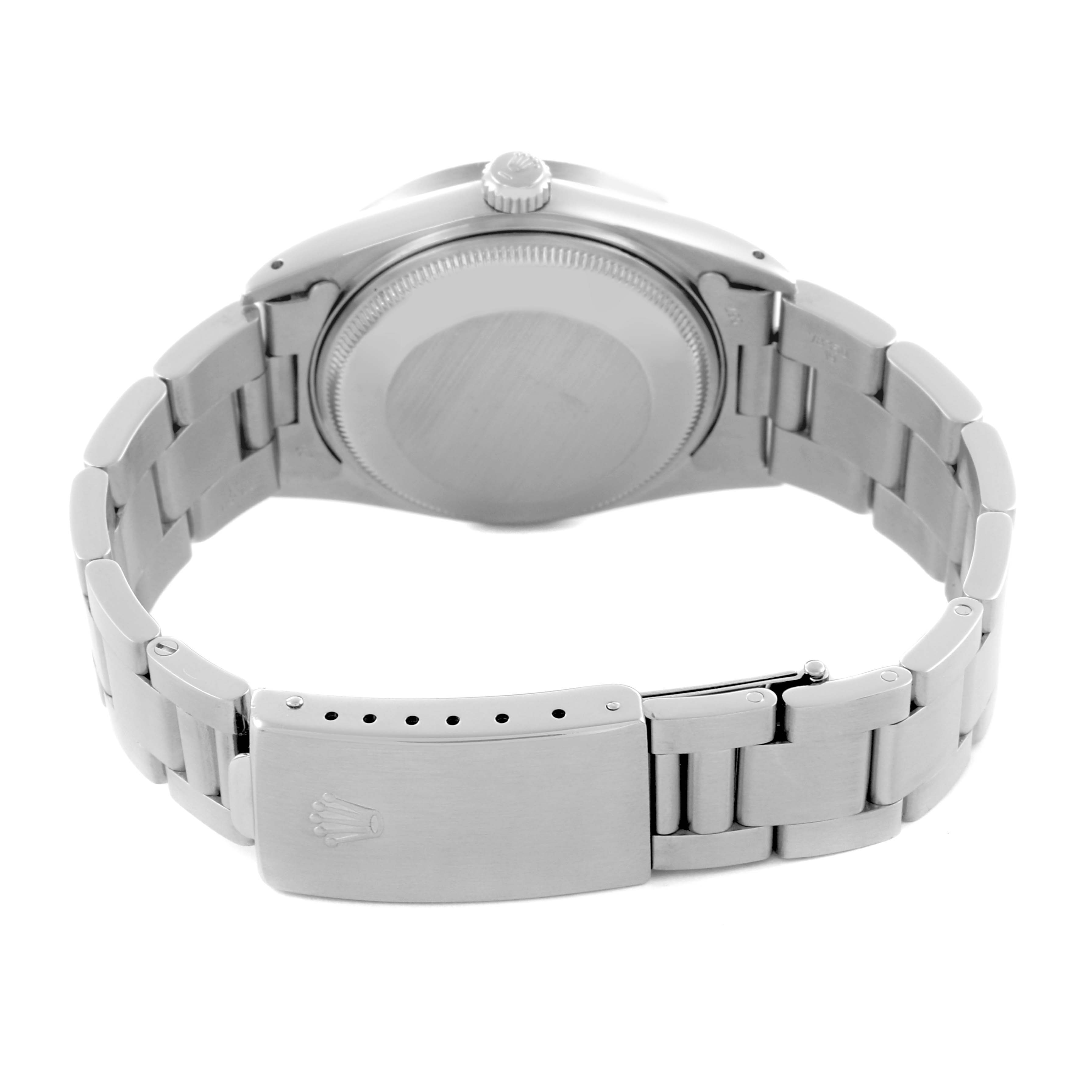 The Rolex Vintage Collection 15010 Men's Stainless Steel Silver Dial 15010 Men's Stainless Steel Silver Dial watch is shown from the back, highlighting its case back, bracelet, and clasp.