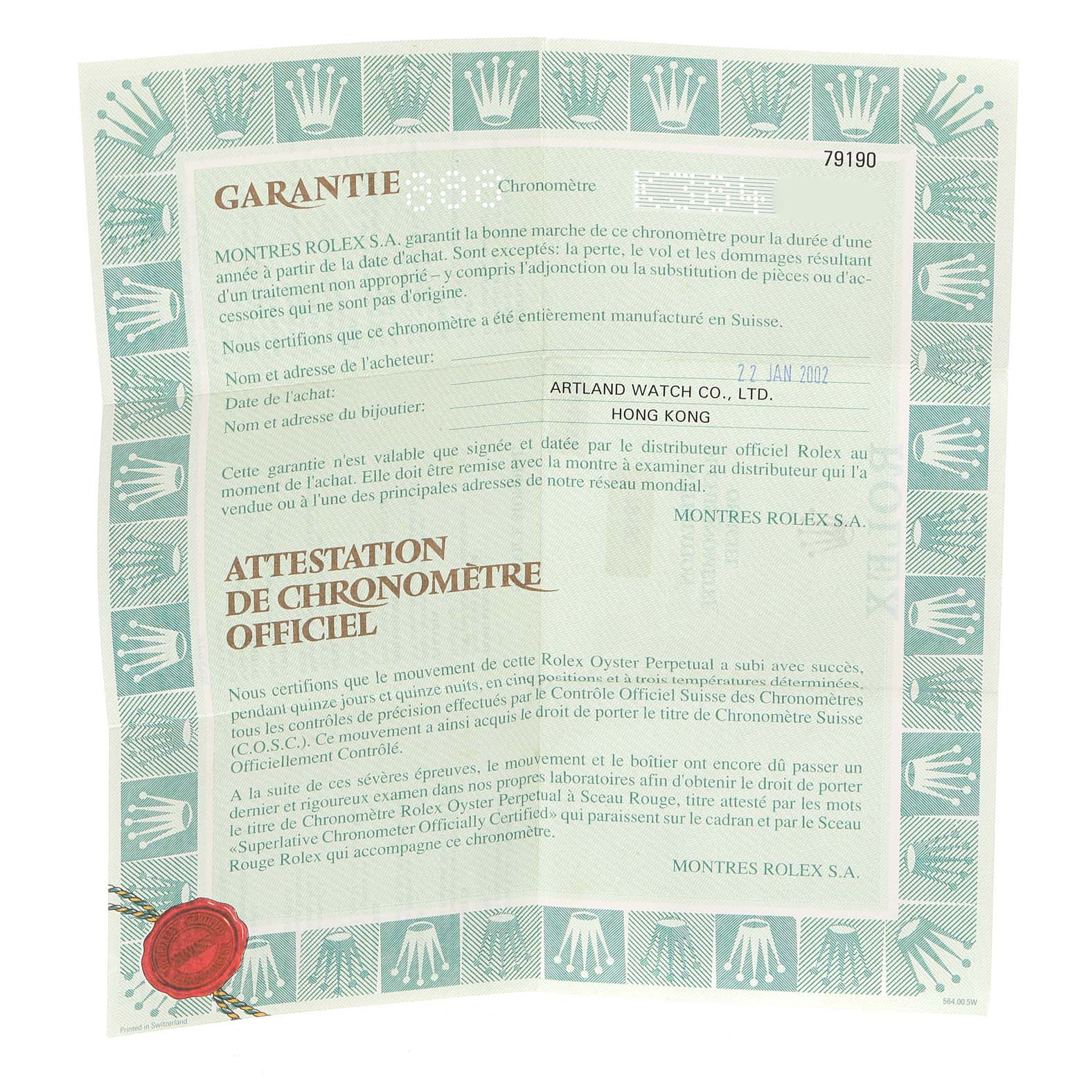 The image shows a warranty certificate for a Rolex Date 79190 Women's Stainless Steel White Dial 79190 Women's Stainless Steel White Dial model chronometer, featuring text and graphical elements, including the Rolex logo.