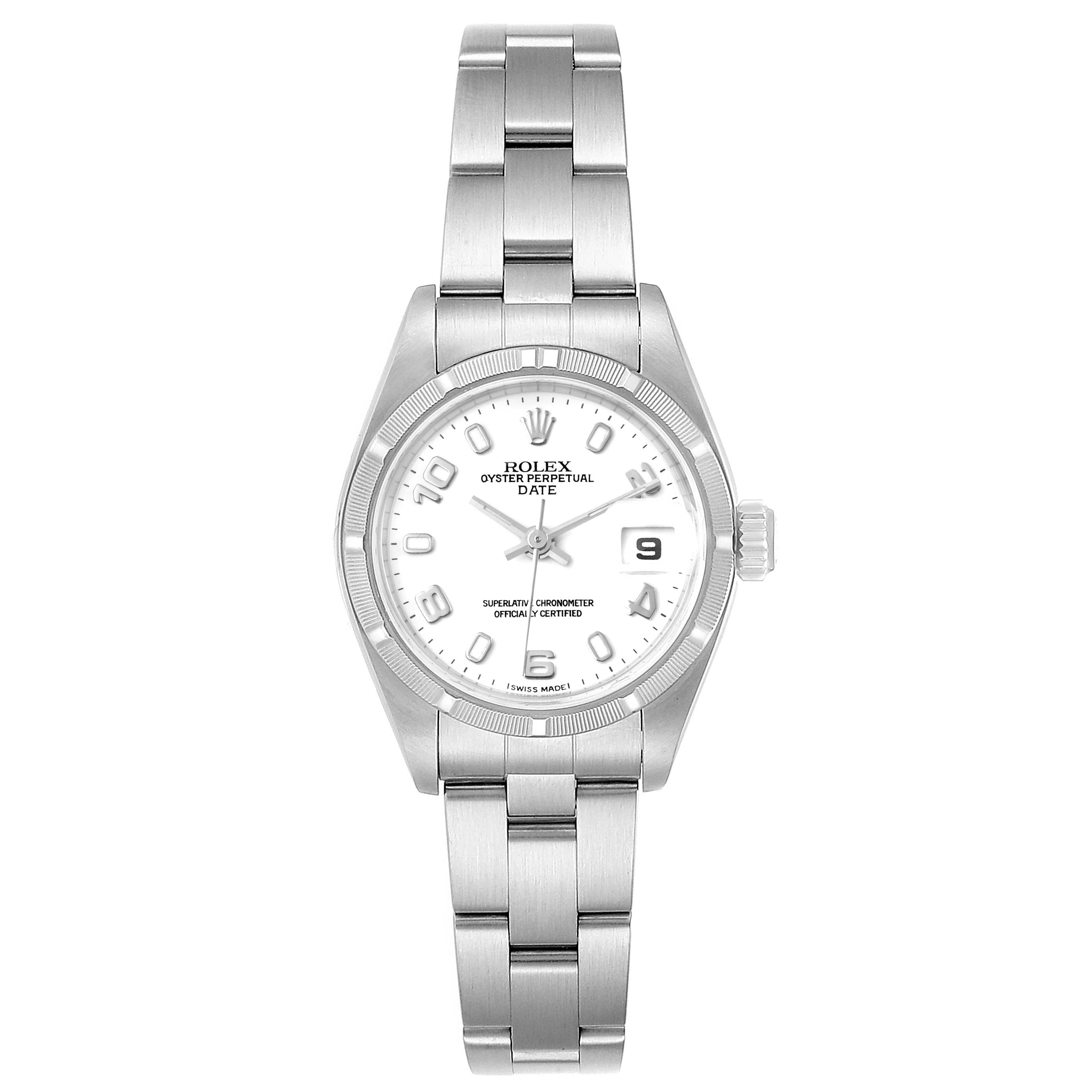 The Rolex Date 79190 Women's Stainless Steel White Dial 79190 Women's Stainless Steel White Dial watch is shown from a front angle, displaying the dial, bracelet, case, and crown.