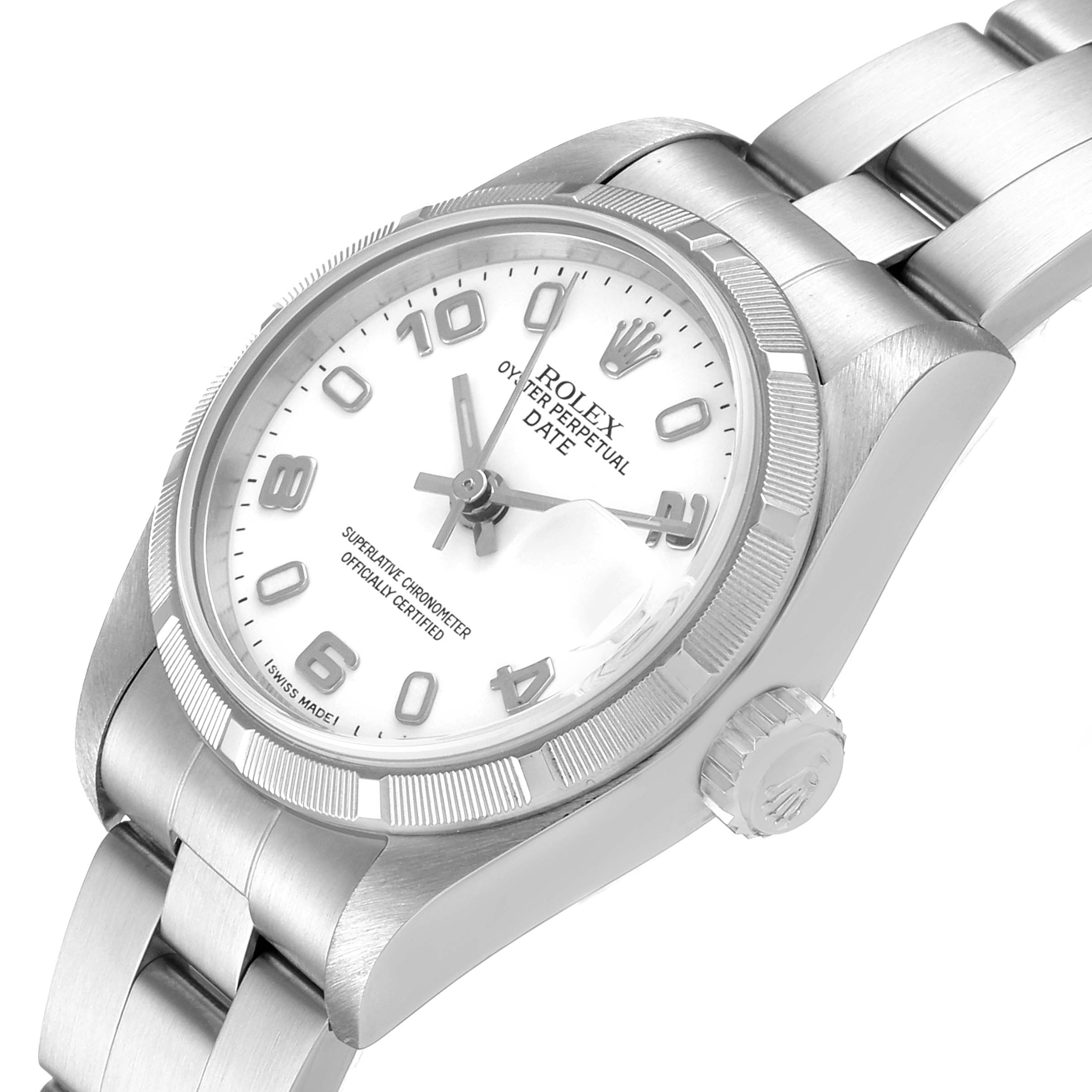 The image shows a Rolex Date 79190 Women's Stainless Steel White Dial 79190 Women's Stainless Steel White Dial model watch from an angle showcasing the dial, crown, and part of the bracelet.