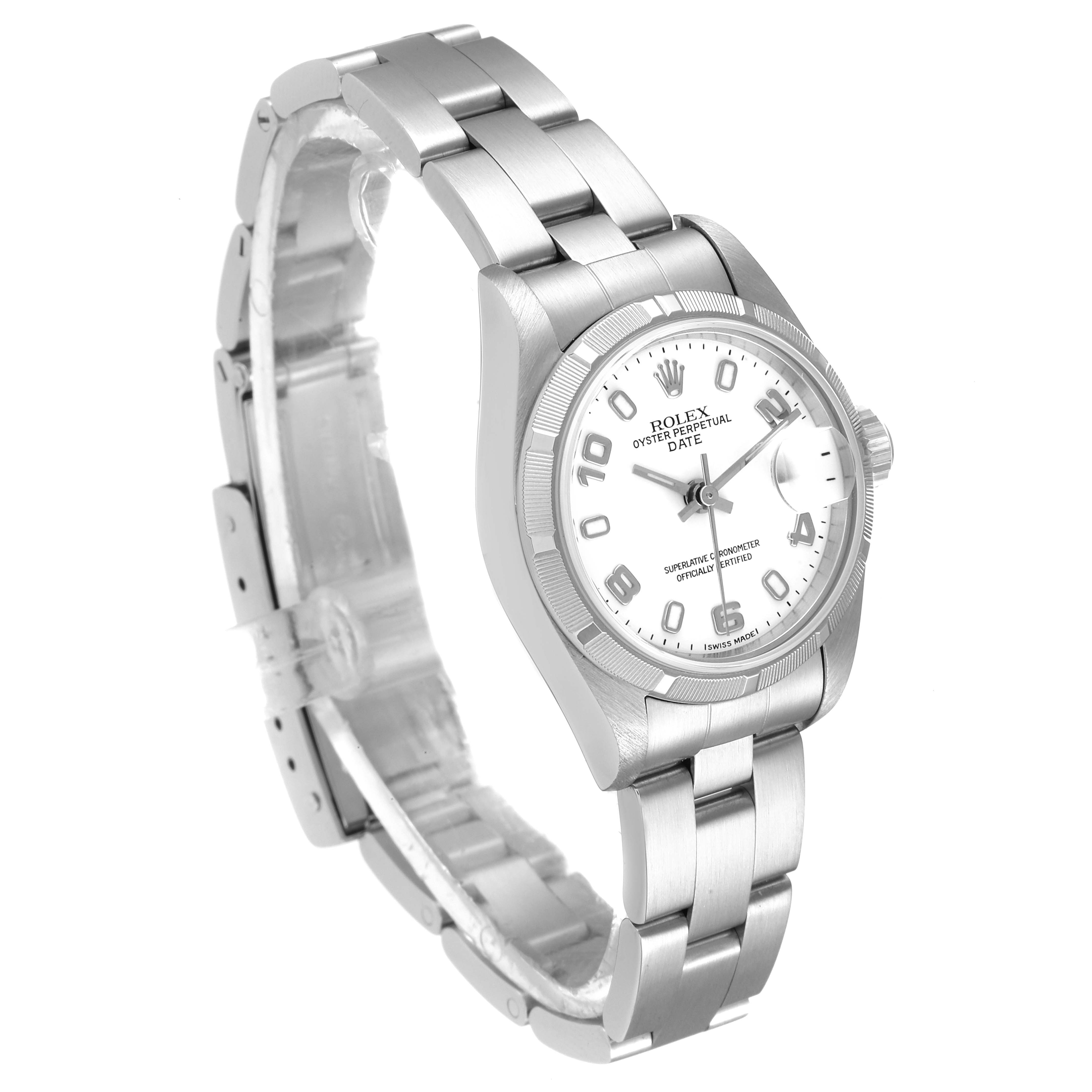 The Rolex Date 79190 Women's Stainless Steel White Dial 79190 Women's Stainless Steel White Dial model watch is shown at a slight angled view, displaying the dial, bezel, and bracelet.