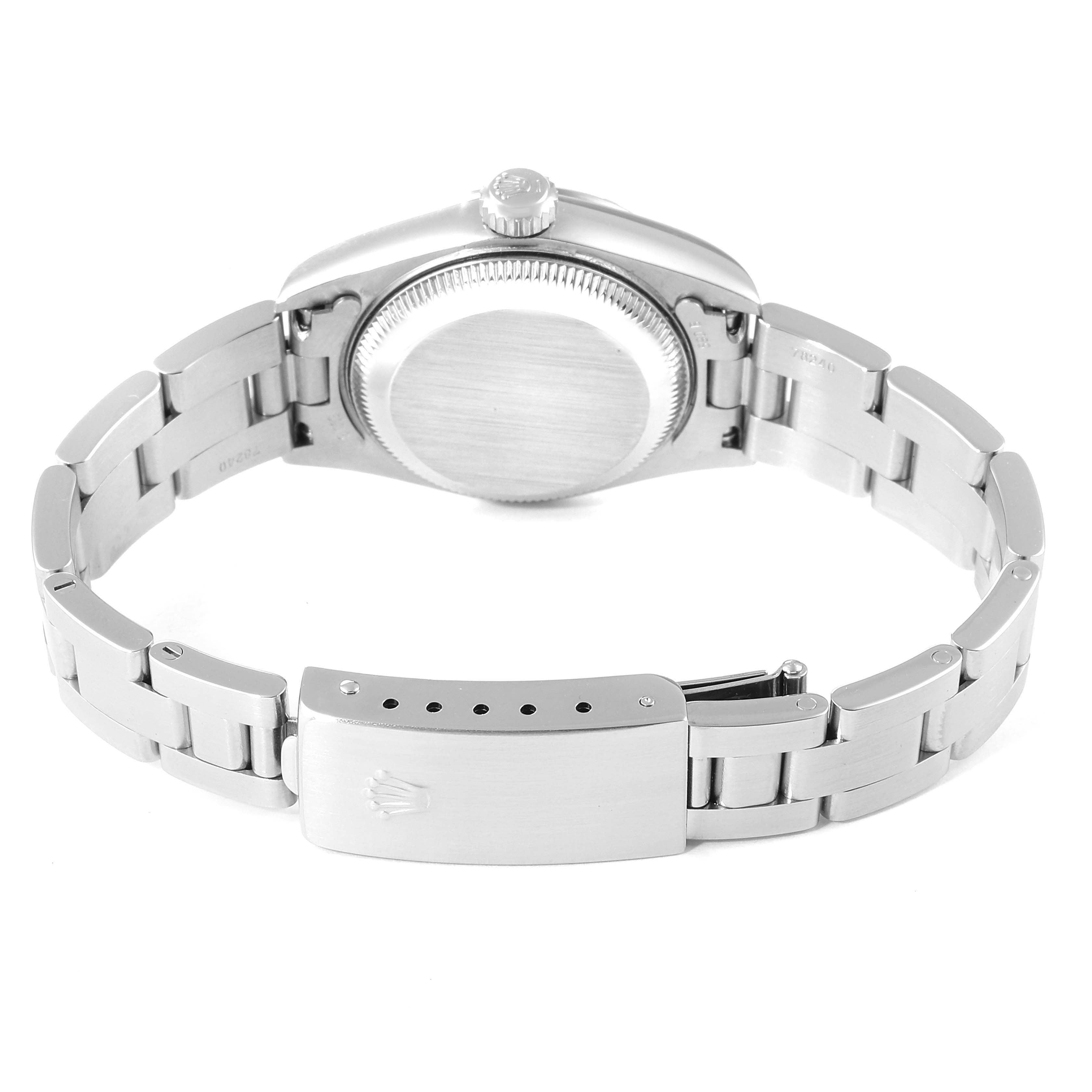 This image shows the back view of a Rolex Date 79190 Women's Stainless Steel White Dial 79190 Women's Stainless Steel White Dial model watch, focusing on the case back and the bracelet clasp.