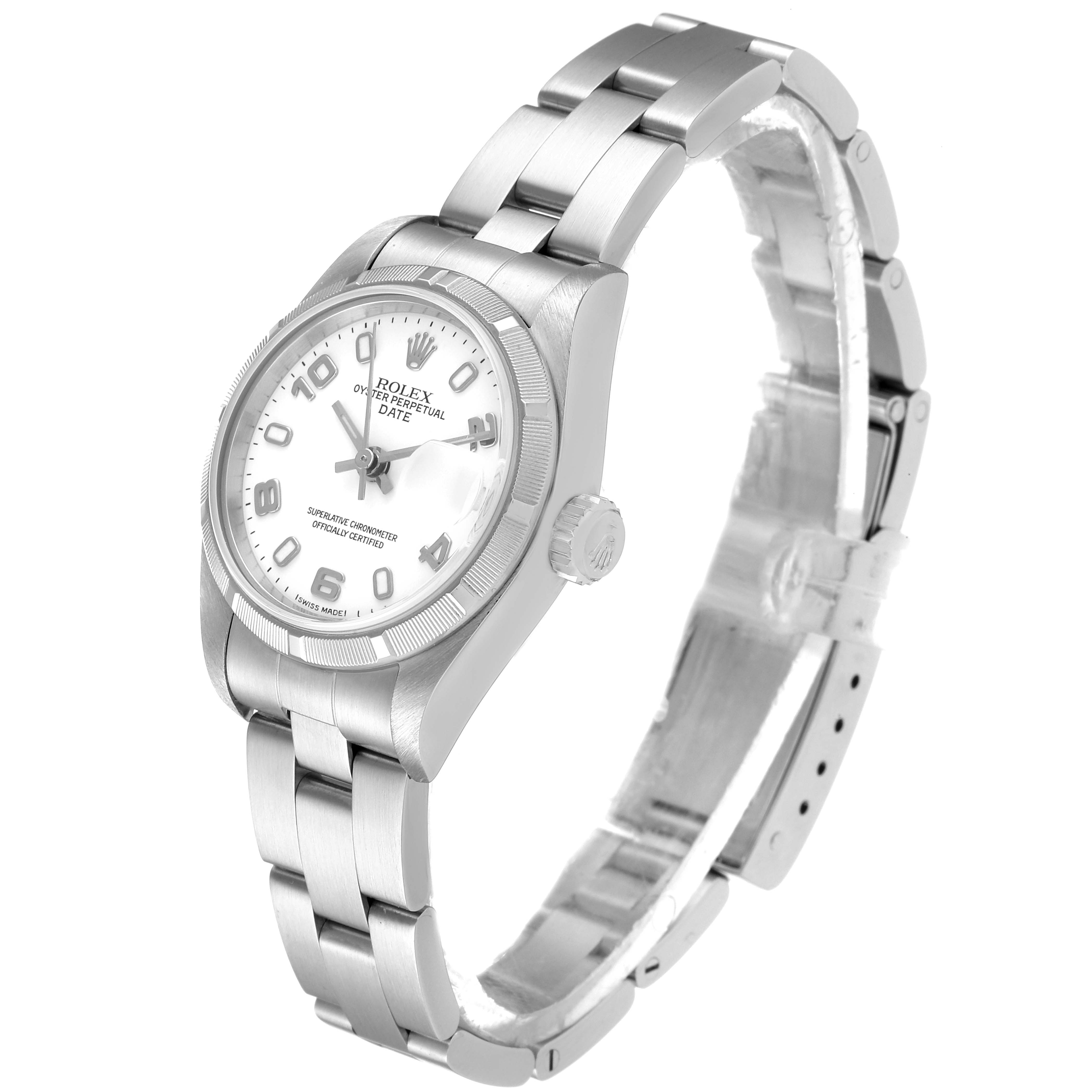 The image shows a Rolex Date 79190 Women's Stainless Steel White Dial 79190 Women's Stainless Steel White Dial model watch at a slight angle, displaying its dial, crown, and stainless steel bracelet.
