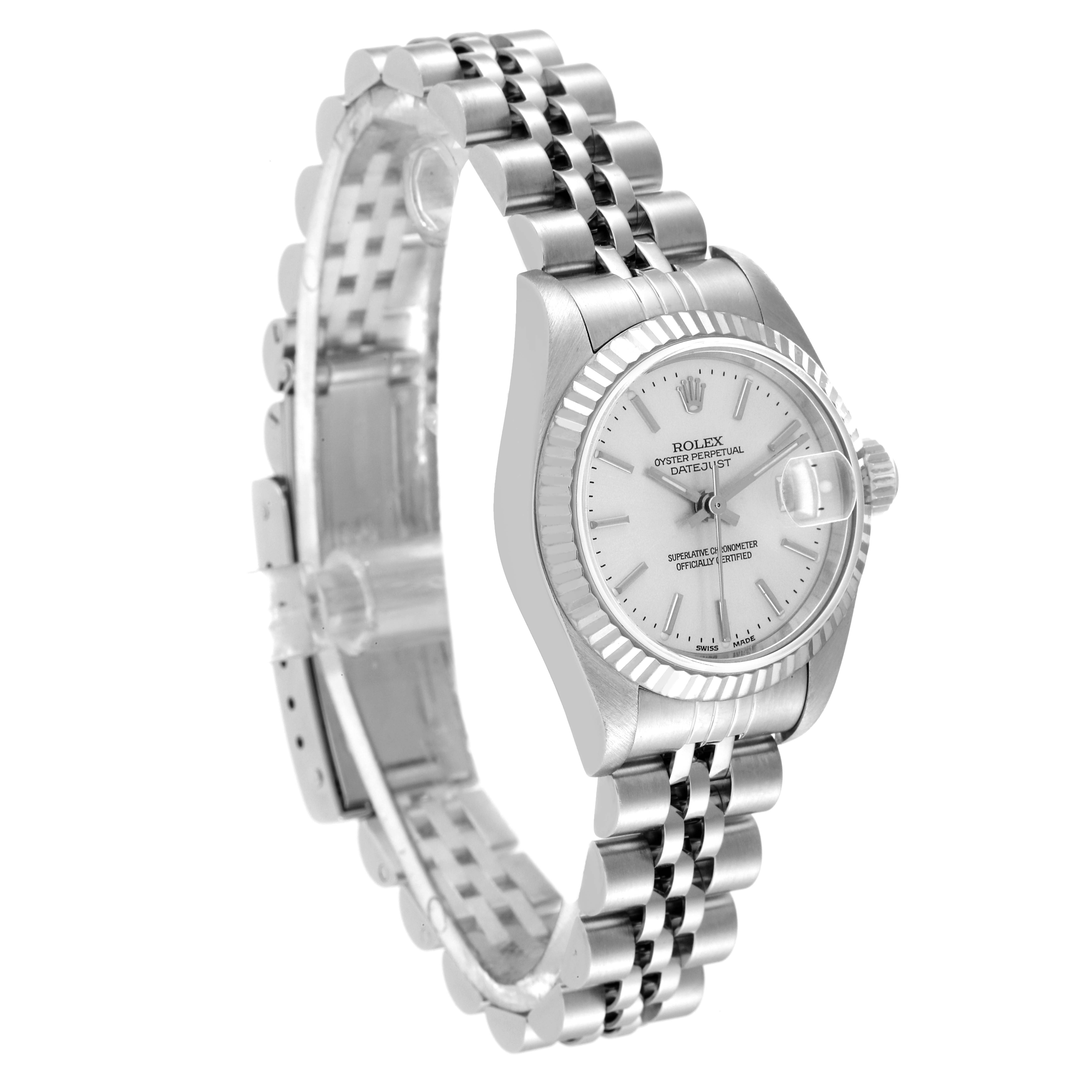 This image shows a Rolex Datejust 79174 Women's Stainless Steel Silver Dial 79174 Women's Stainless Steel Silver Dial watch angled to display the face, dial, bezel, and part of the bracelet.