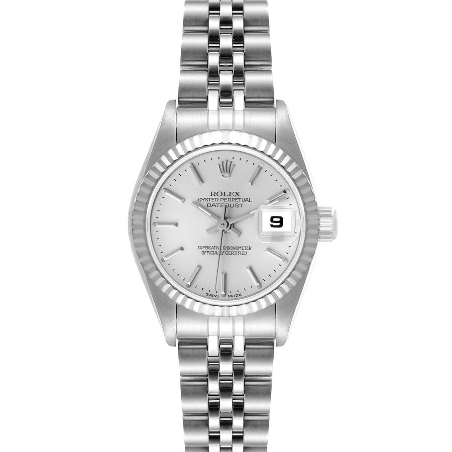 The Rolex Datejust watch is shown from a front angle, displaying its face, bezel, and part of the bracelet.