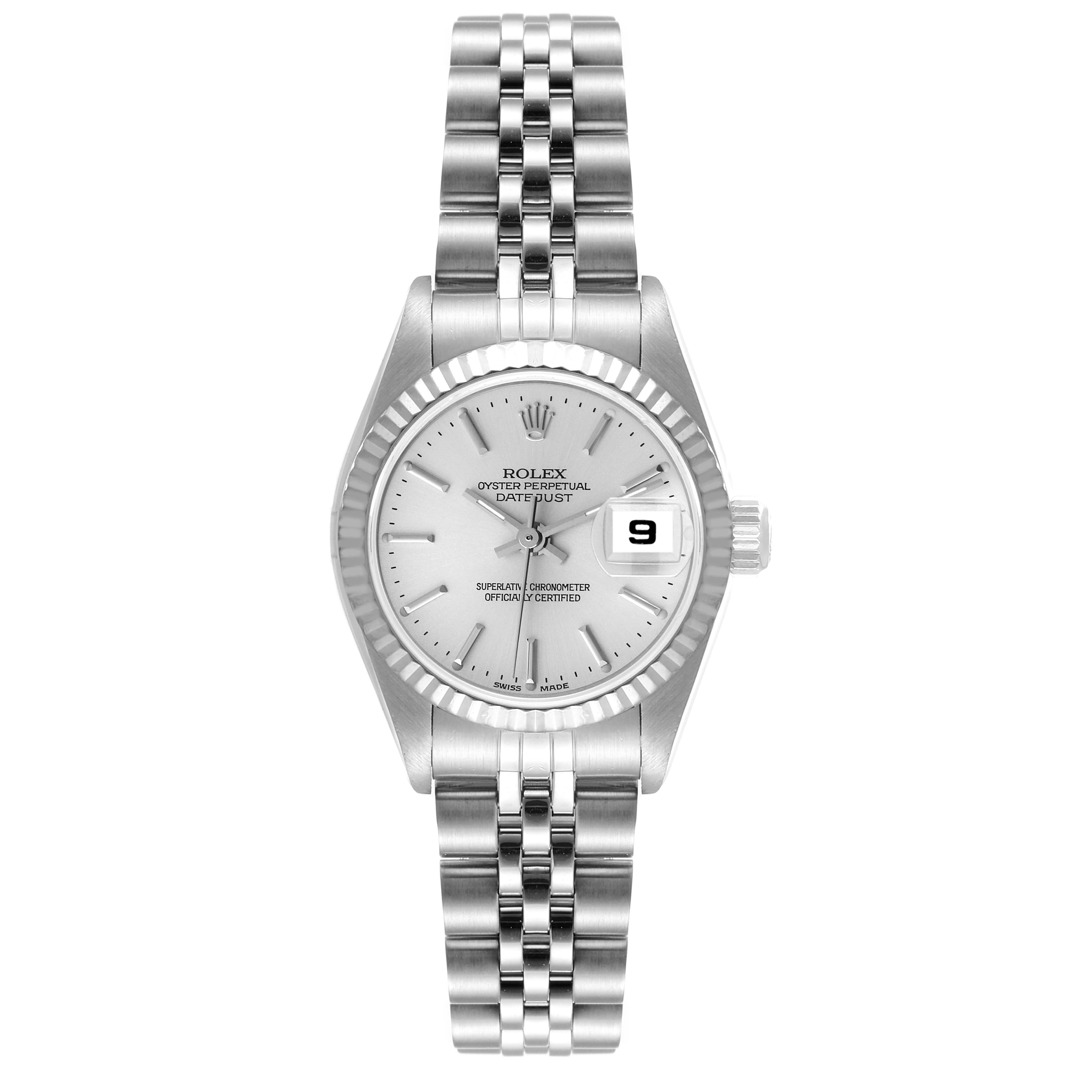 This image shows a frontal view of a Rolex Datejust 79174 Women's Stainless Steel Silver Dial 79174 Women's Stainless Steel Silver Dial watch, featuring its dial, bezel, case, and bracelet.