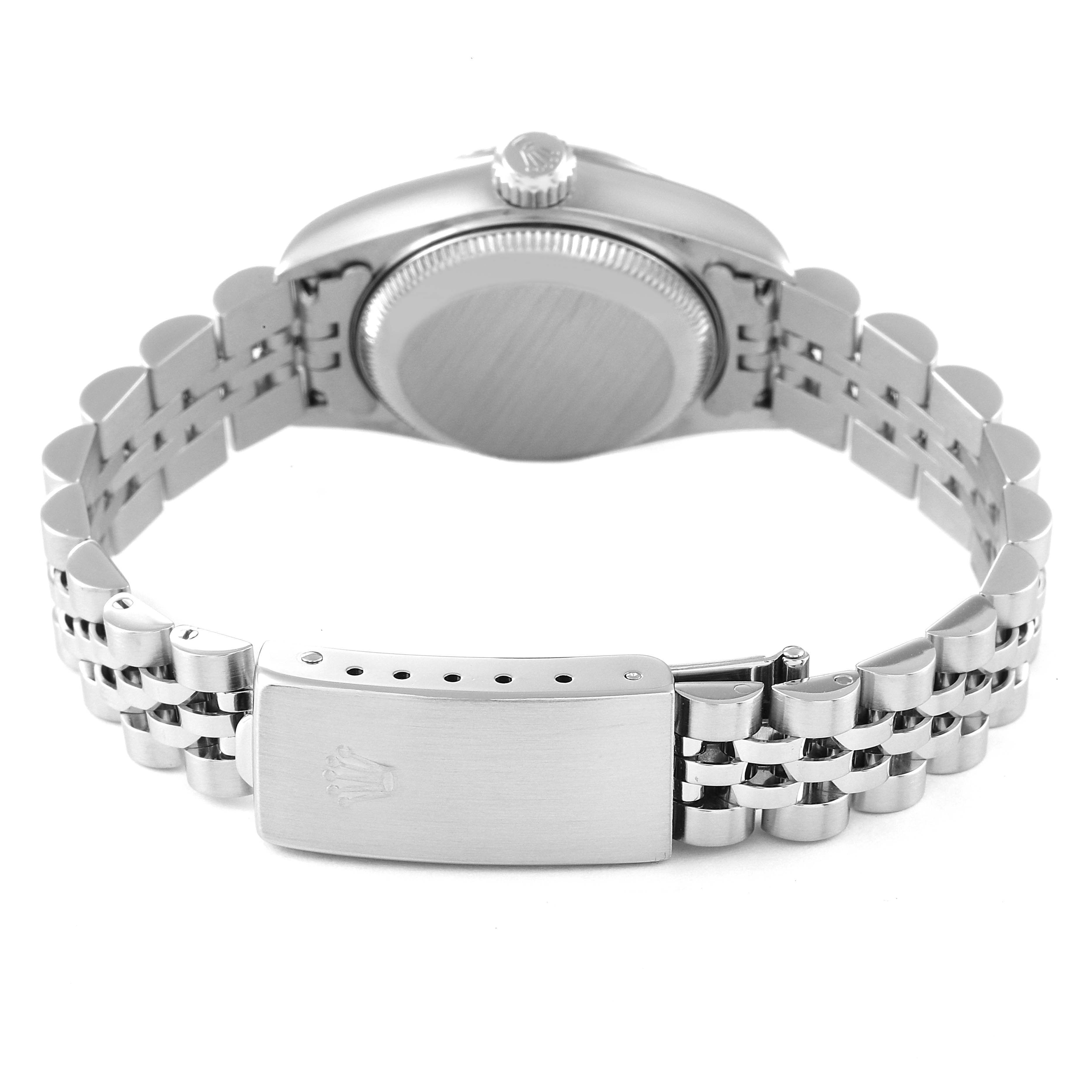 This image shows the back view of a Rolex Datejust 79174 Women's Stainless Steel Silver Dial 79174 Women's Stainless Steel Silver Dial model, highlighting the bracelet and clasp.