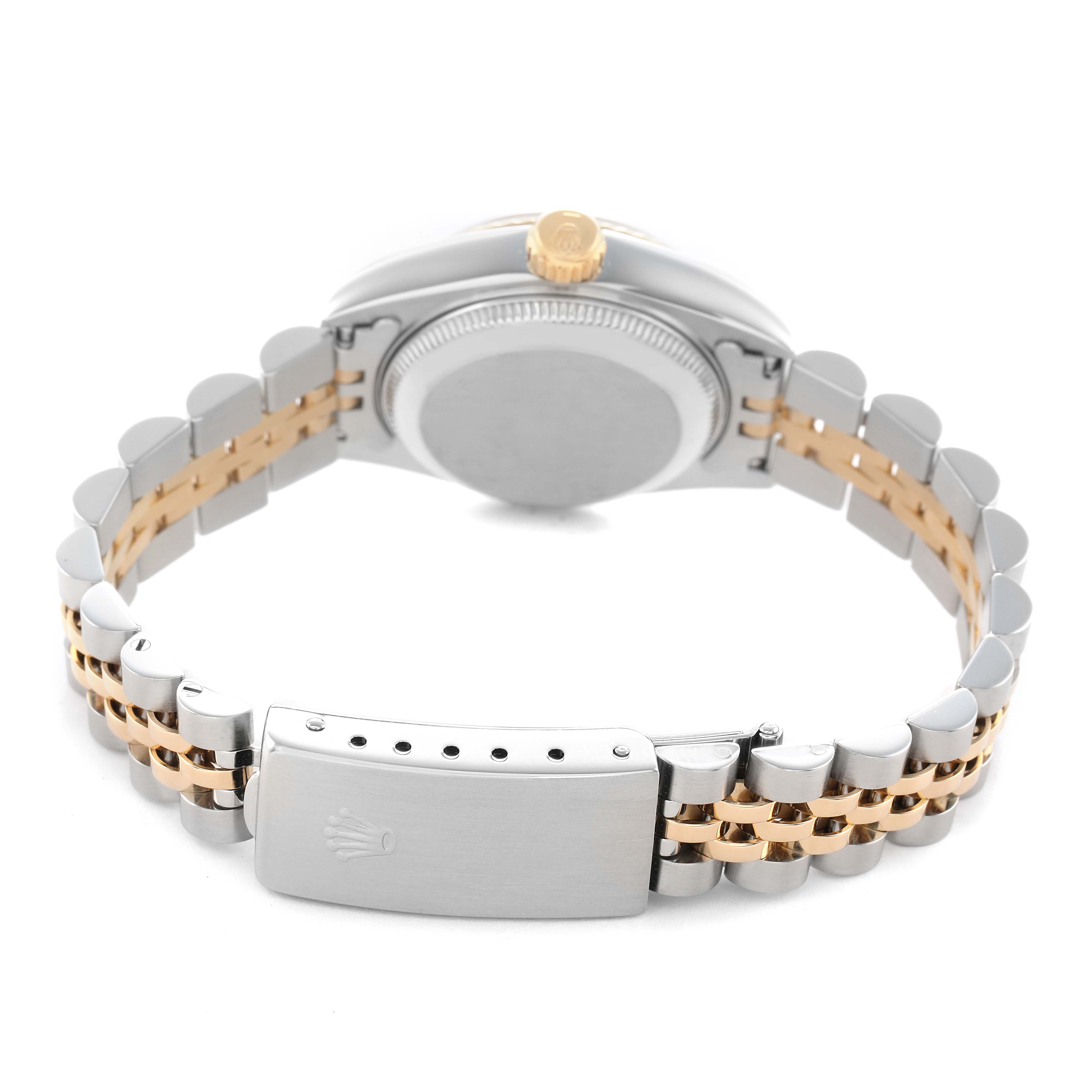 The image shows the back of the Rolex Datejust 69173 Women's Stainless Steel Red Dial, highlighting the clasp, bracelet, and case back at a low rear angle.