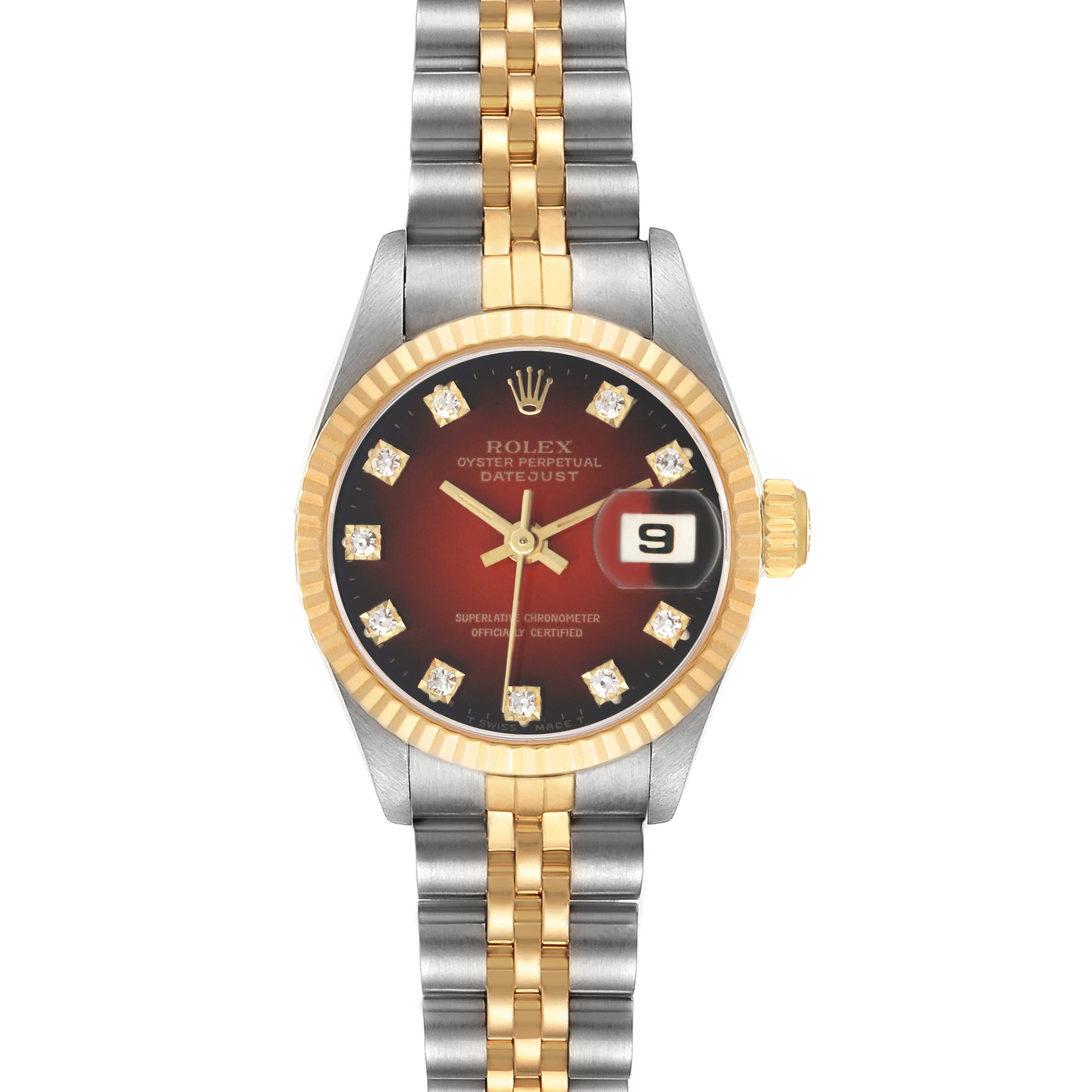 The Rolex Datejust 69173 Women's Stainless Steel Red Dial watch is shown from a front angle, highlighting the dial, bezel, crown, and bracelet.