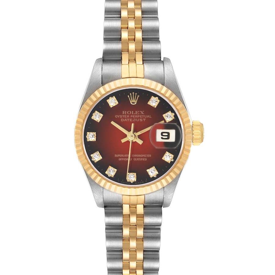 The Rolex Datejust 69173 Women's Stainless Steel Red Dial watch is shown from a front angle, highlighting the dial, bezel, crown, and bracelet.