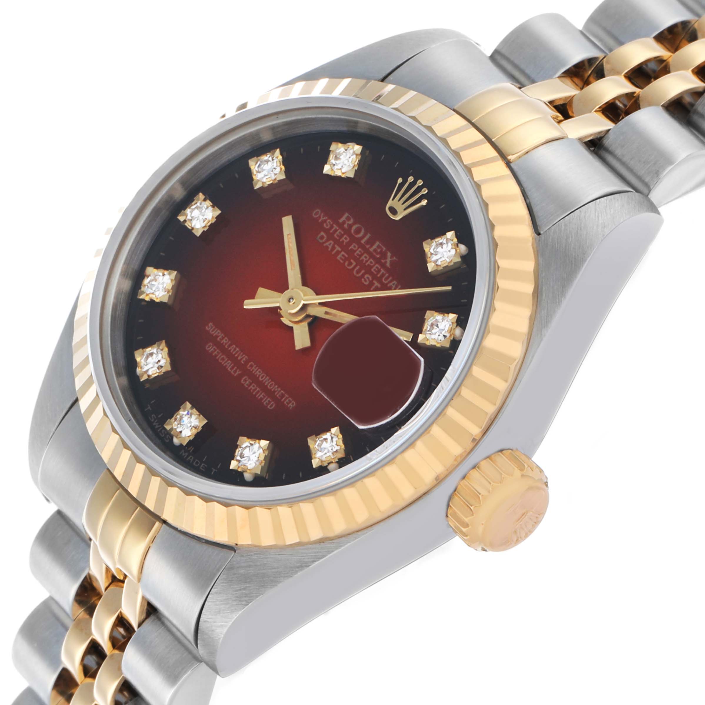 The Rolex Datejust 69173 Women's Stainless Steel Red Dial watch is shown from an angled side view, highlighting the dial, bezel, crown, and part of the bracelet.