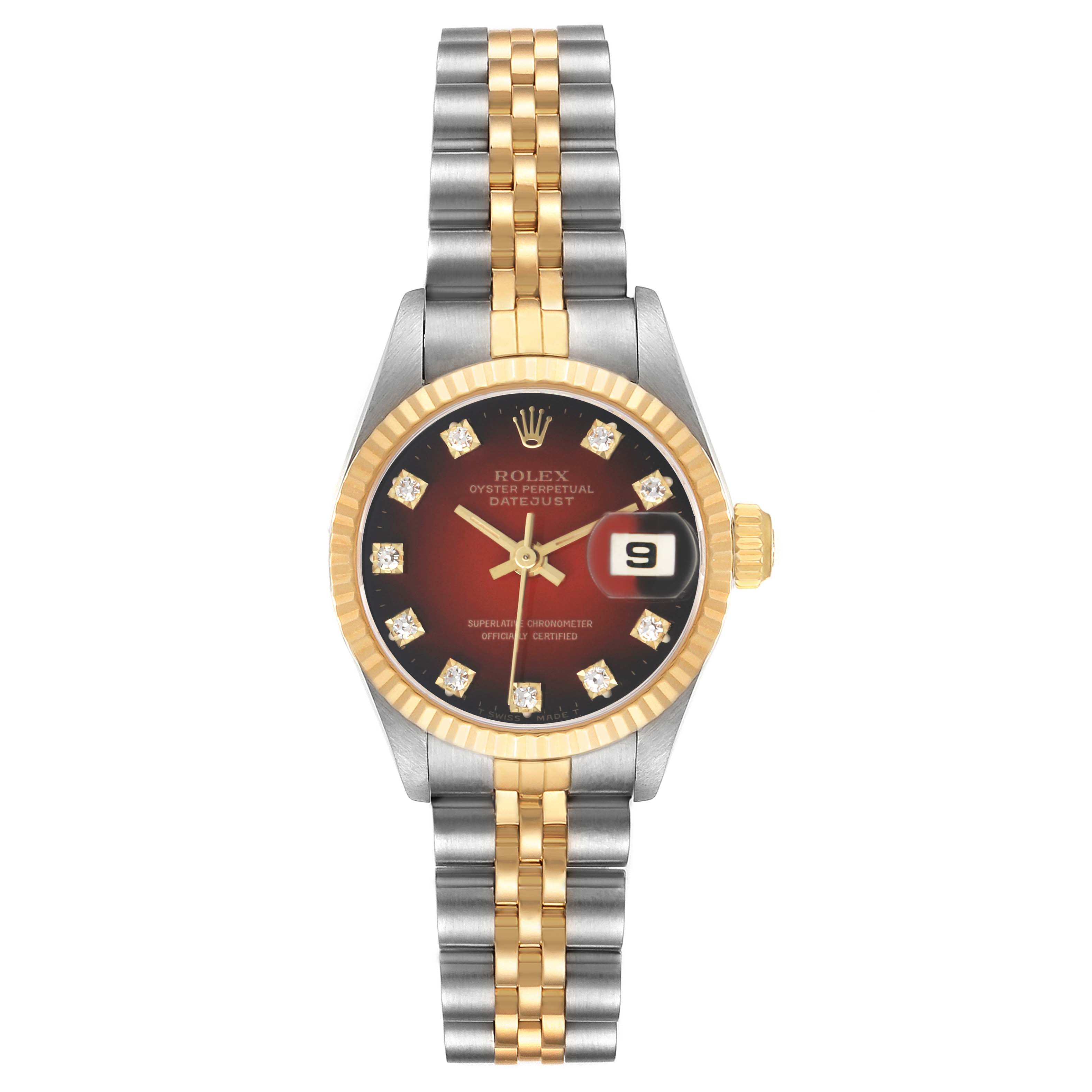 The Rolex Datejust 69173 Women's Stainless Steel Red Dial watch is shown from a front angle, displaying its dial, bezel, and bracelet.