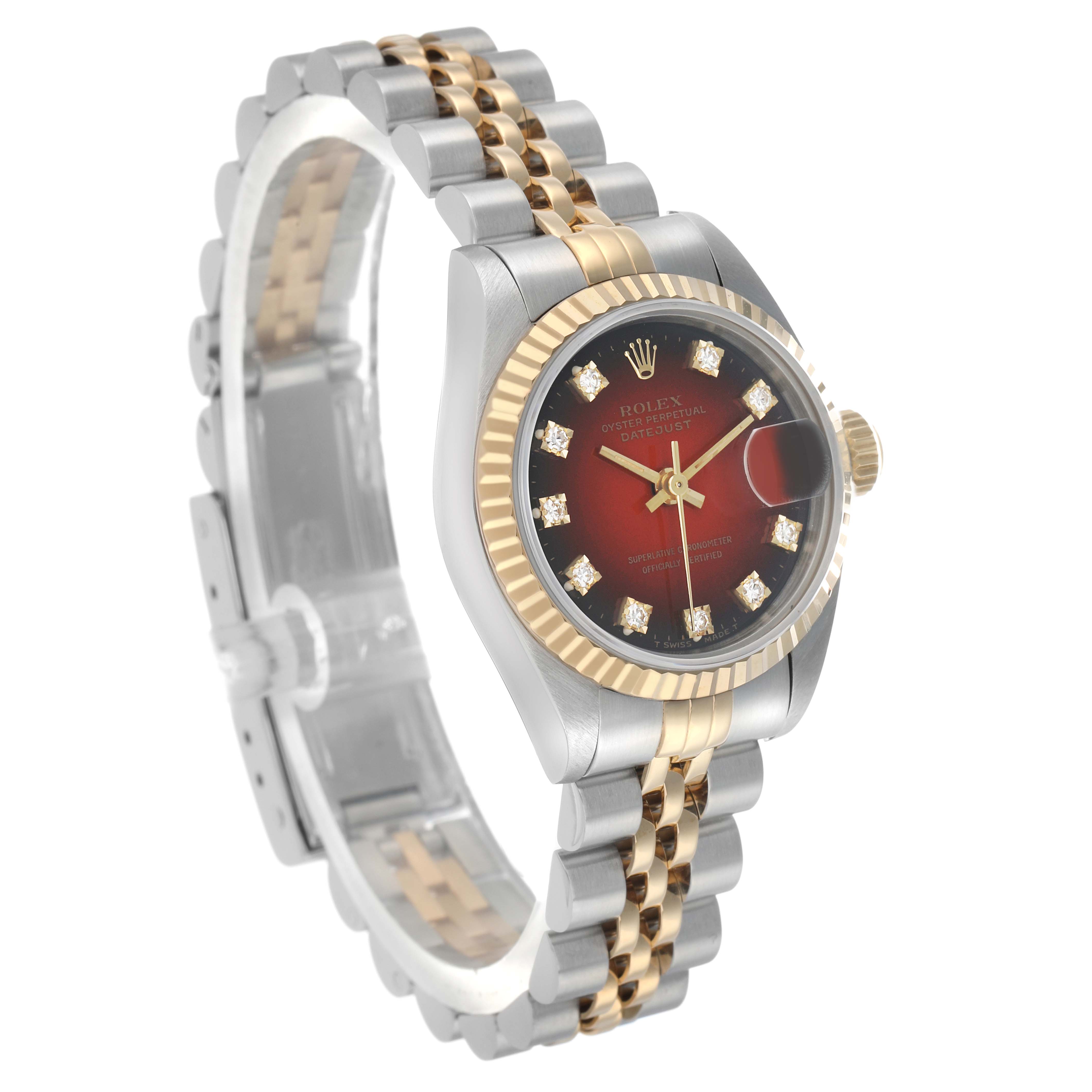The Rolex Datejust 69173 Women's Stainless Steel Red Dial watch is shown at a three-quarter angle, highlighting its face, bezel, crown, and Jubilee bracelet.