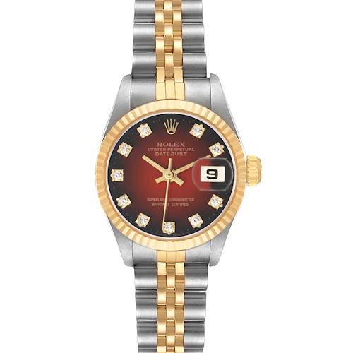 The Rolex Datejust 69173 Women's Stainless Steel Red Dial watch is shown from a top-down angle, highlighting the dial, bezel, bracelet, and crown.